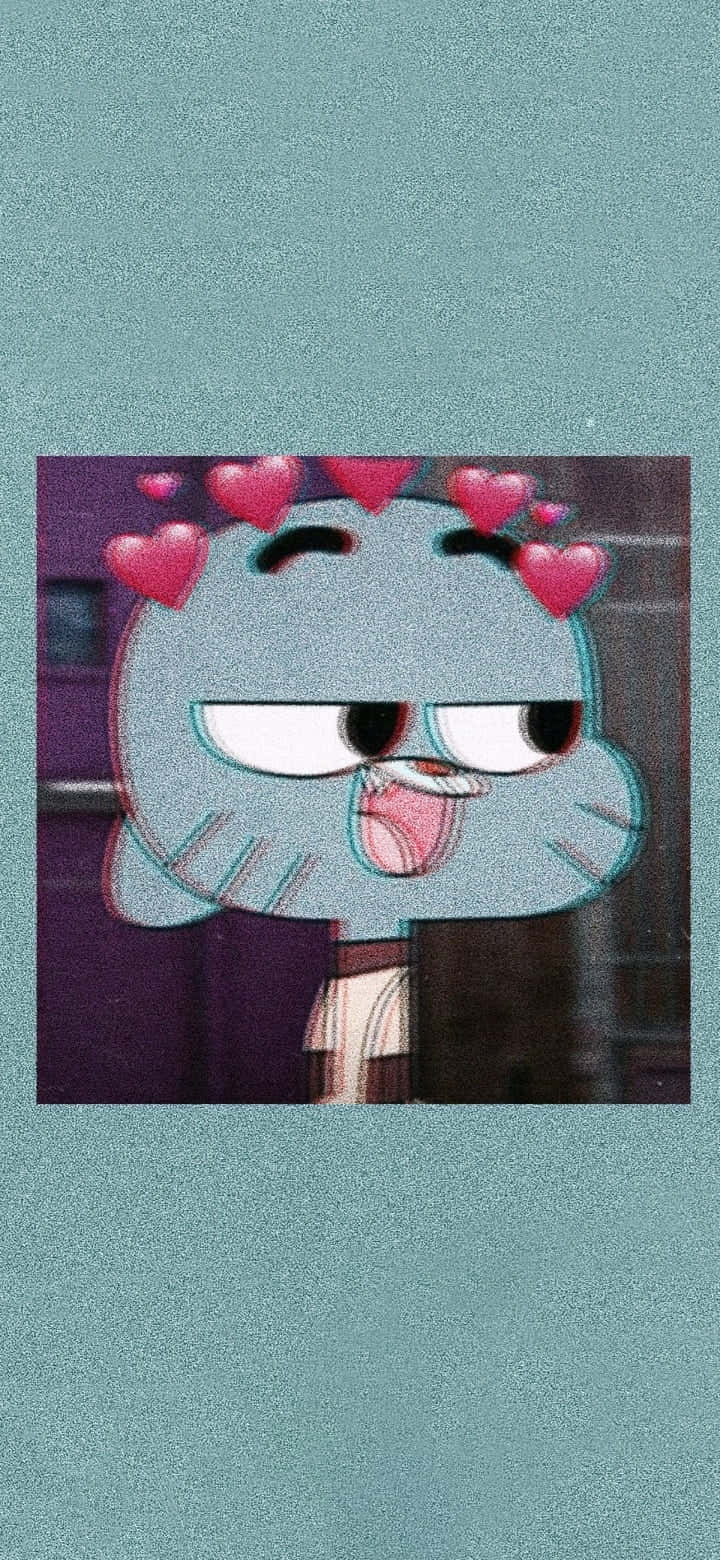 the amazing world of gumball 桌布 壁紙 — 一隻藍色卡通貓咪，頭頂漂浮著心形圖案，在青綠色背景前得意地看著觀眾。