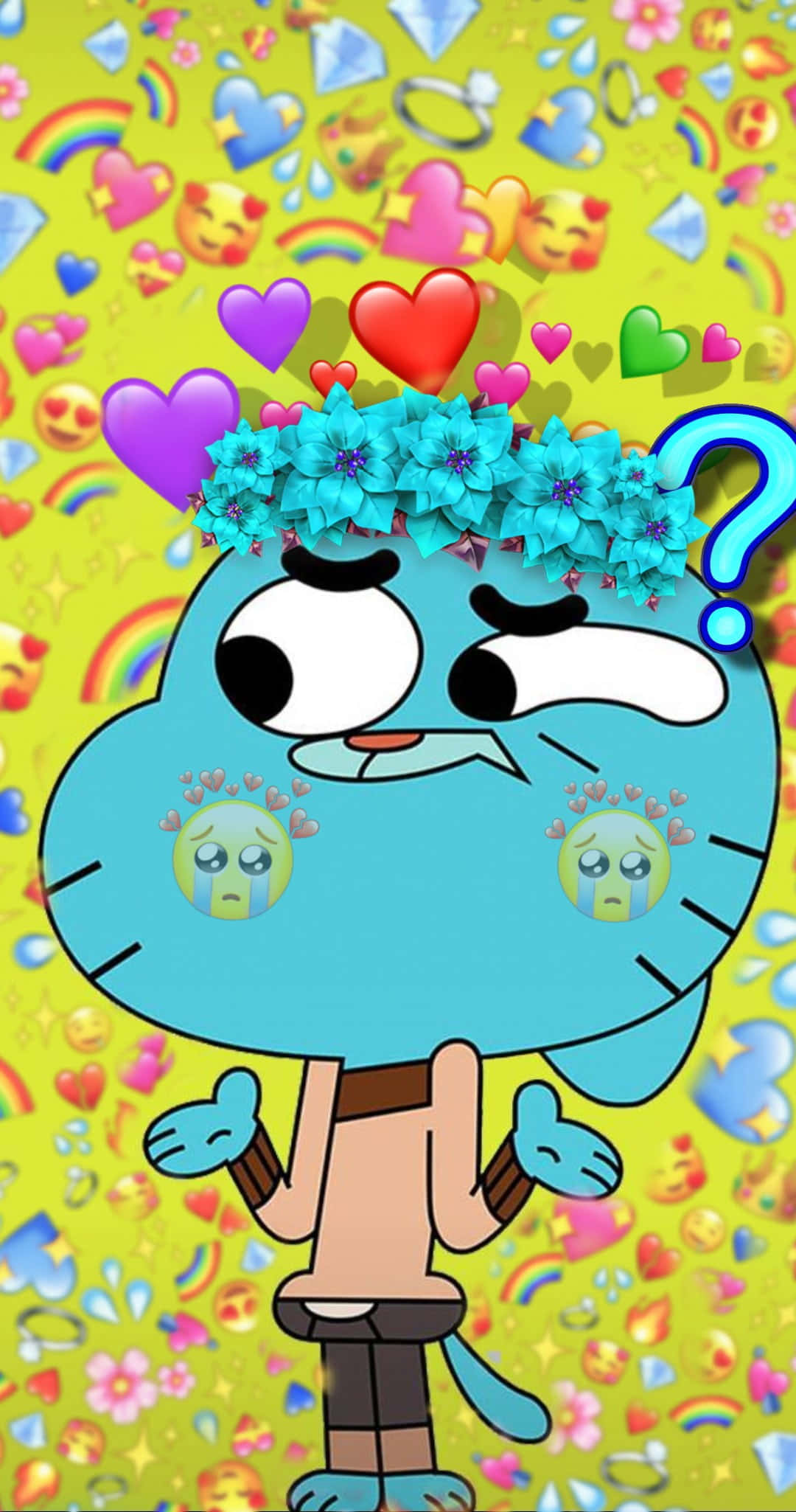 the amazing world of gumball 桌布 壁紙 — 一隻藍色卡通貓咪戴著花冠，淚眼汪汪，站在充滿心形和表情符號的鮮黃色背景中。