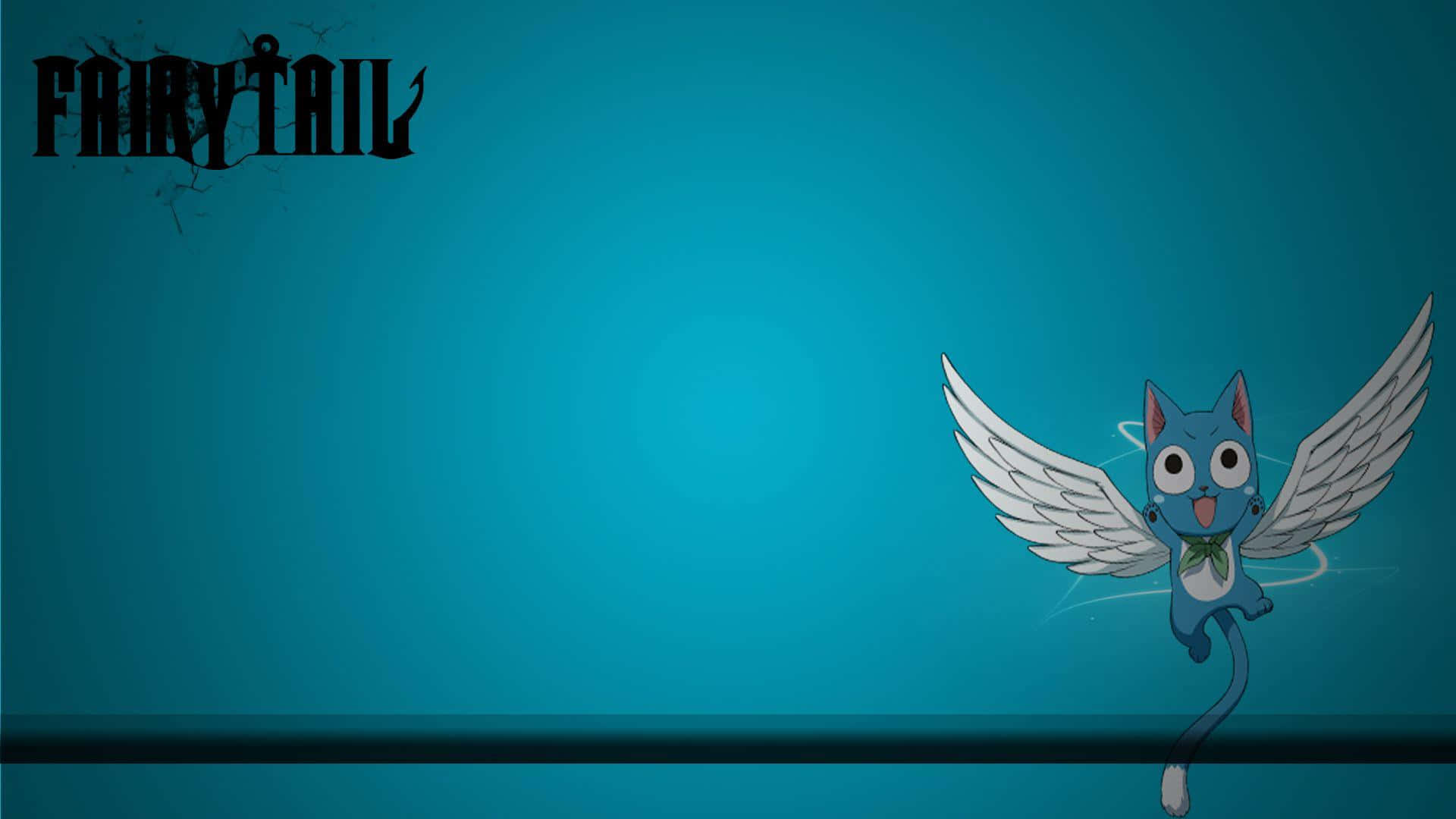Fairy Tail Happy 桌布 壁紙 — 一隻藍色有翼貓咪繫著綠色蝴蝶結，在純青色背景上快樂飛翔，左上角有「FAIRY TAIL」標誌。