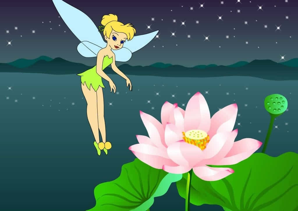 奇妙仙子 桌布 壁紙 — 一隻藍色翅膀的卡通仙子在星空下盤旋於發光的粉紅色蓮花之上。