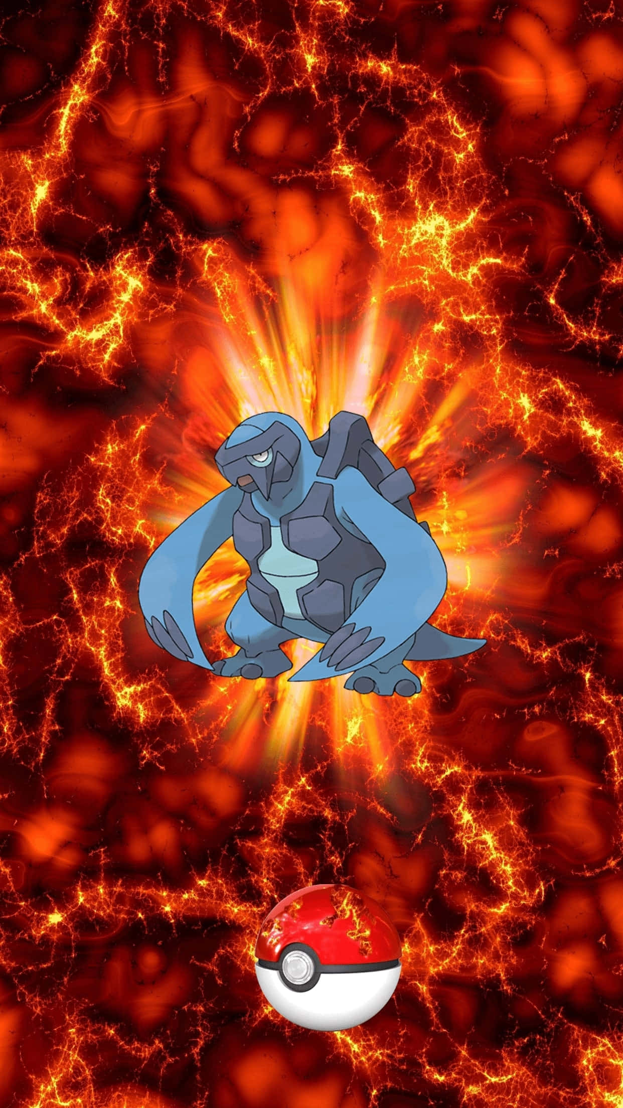 遊戲 桌布 壁紙 — 一隻藍色裝甲嘅Pokémon喺熾熱熔岩背景下強力站立，下面有一個精靈球。