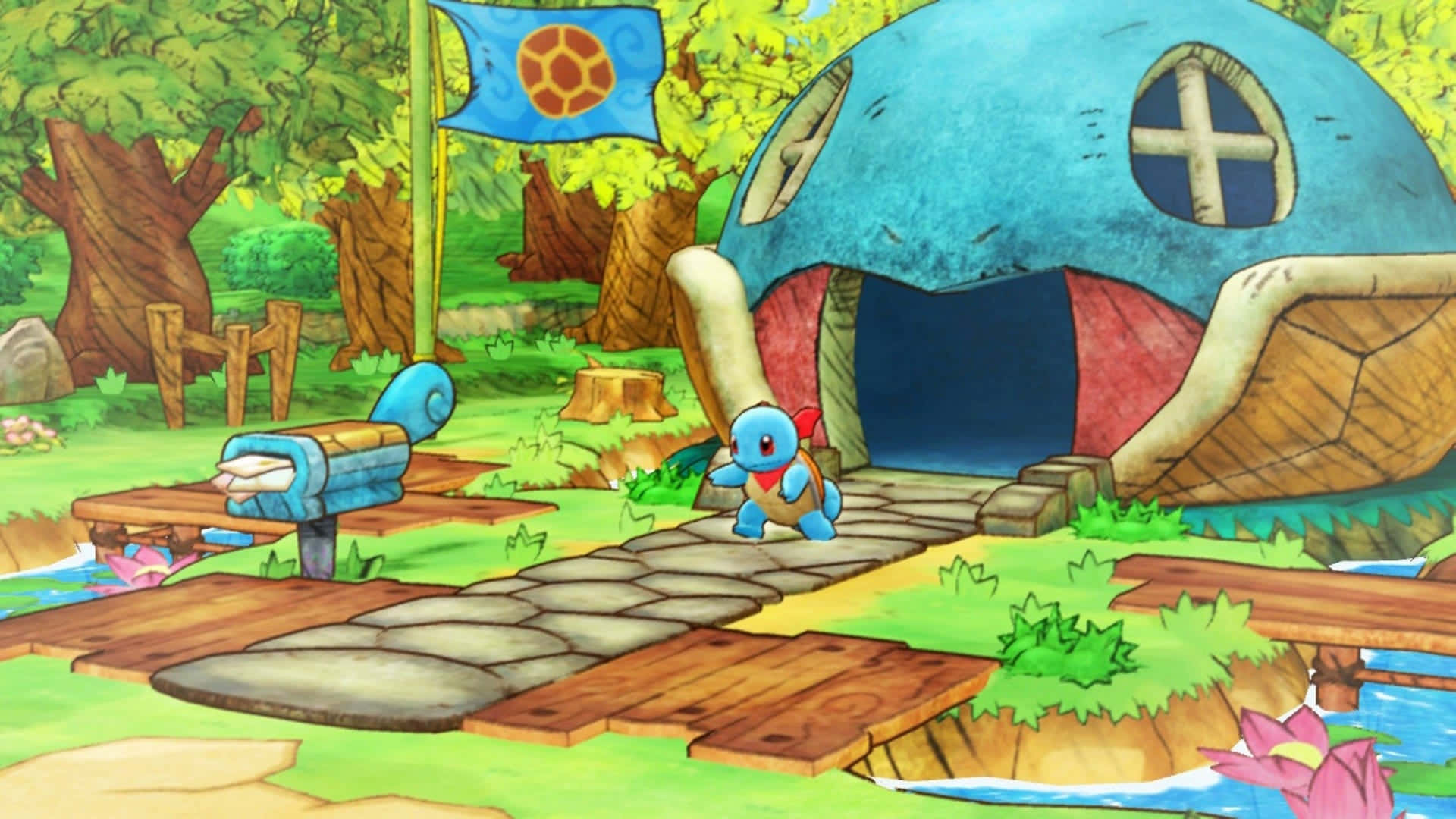 Pokemon Mystery Dungeon 桌布 壁紙 — 一隻藍色龜狀寶可夢站在一個蘑菇形狀的房子前，身處一個充滿活力的森林空地，有木製小路和旗幟。