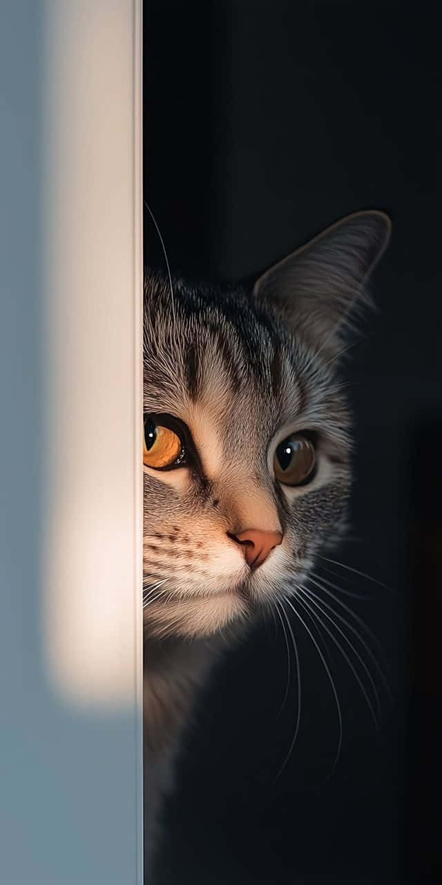 CAT 4K 壁紙 — 一隻虎斑貓好奇地從白色門框後探出頭來，一隻眼睛在柔和光線中閃爍琥珀色光芒，背景昏暗。