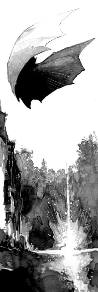 Batman Black And White 桌布 壁紙 — 一隻蝙蝠在黑暗的森林上空翱翔，下方爆發出一場明亮的爆炸，構成鮮明的黑白插圖。