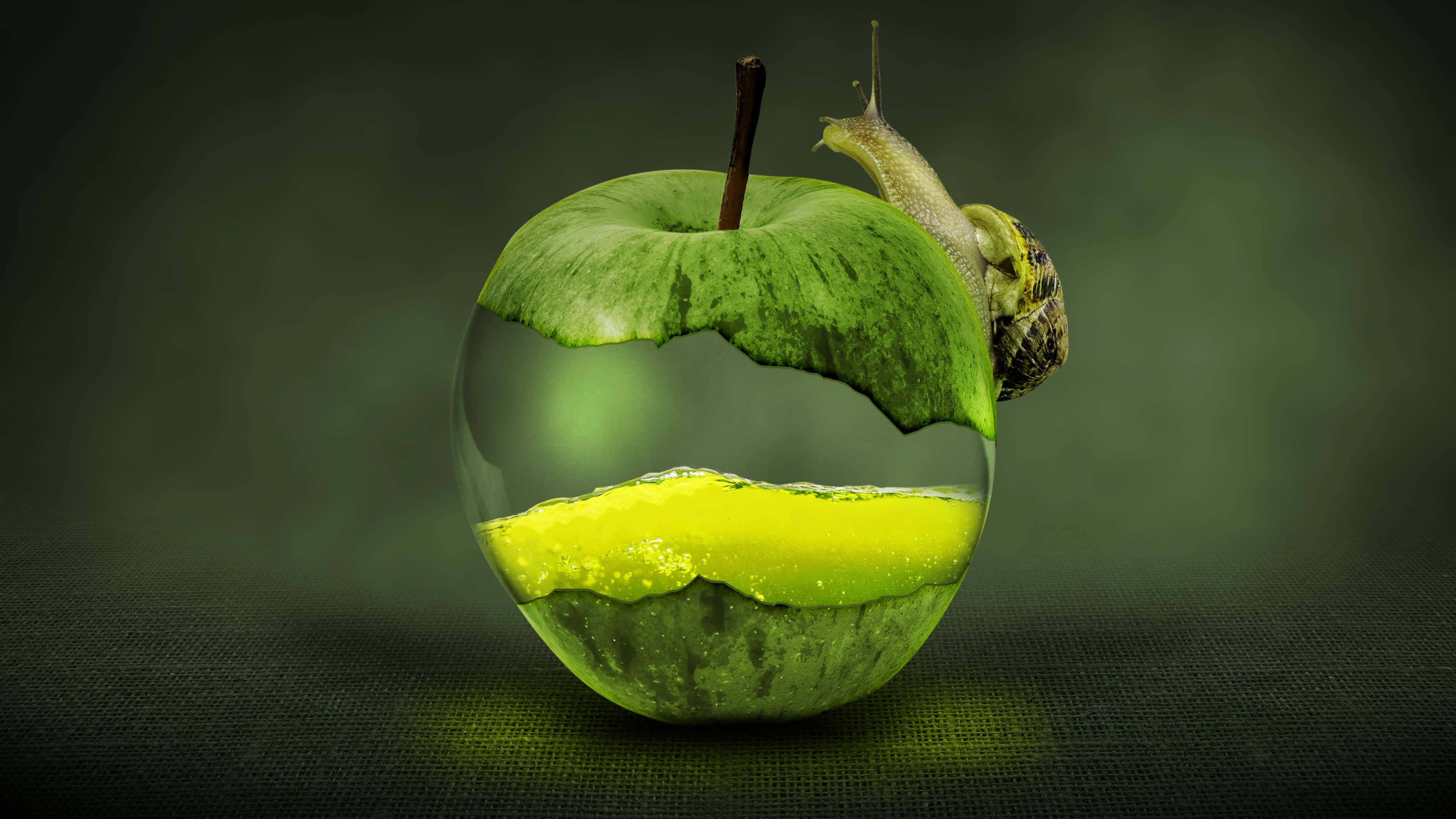 4K Apple 桌布 壁紙 — 一隻蝸牛爬過一個半透明的綠色蘋果，在深色紋理背景上顯露出內部發光的黃色液體。