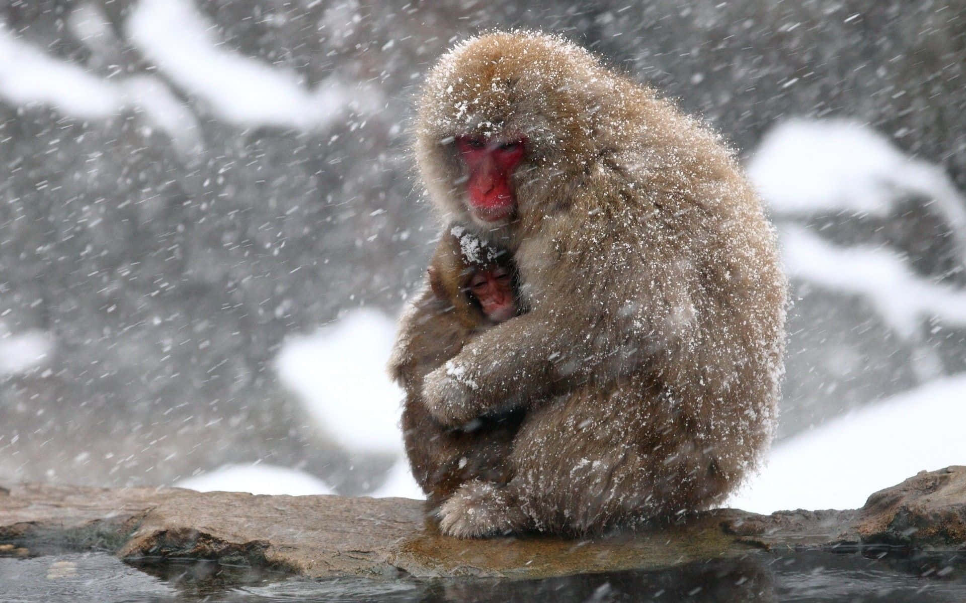 Winter Animal 桌布 壁紙 — 一隻被雪覆蓋的雪猴在冒煙的池塘附近，蜷縮著保護牠的幼崽，周圍雪花飄落。