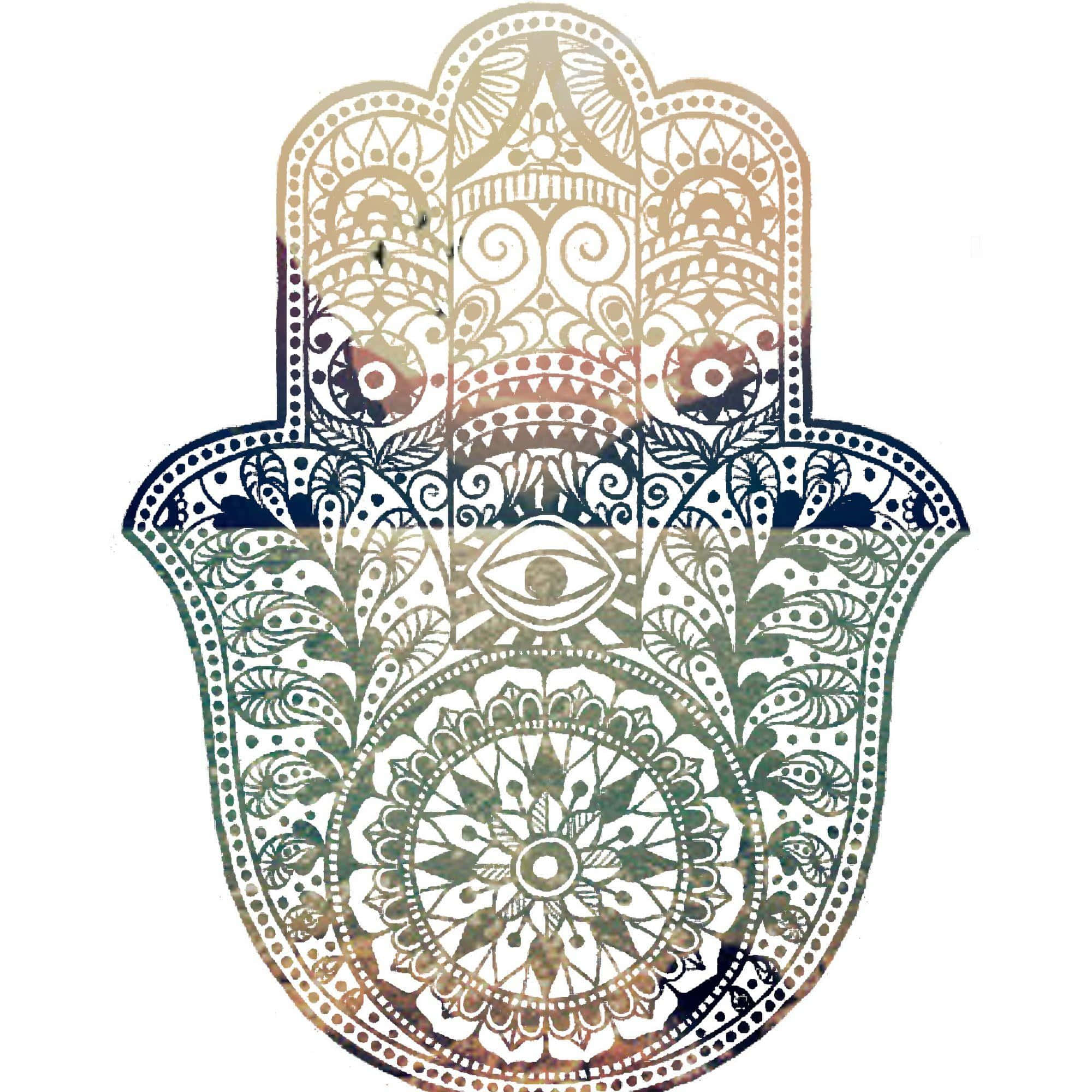 Hamsa 桌布 壁紙 — 一隻裝飾華麗的漢莎手，帶有複雜的曼陀羅圖案和中央的眼睛，以大地色調呈現在白色背景上。