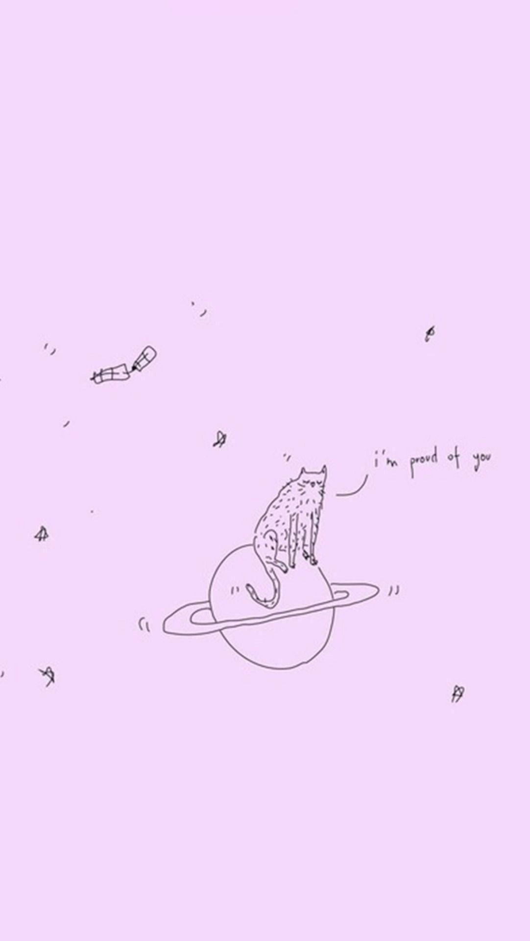 Cute Cat And Planet Aesthetic Phone 壁紙 — 一隻貓坐在帶有光環的行星上的極簡線條畫，背景是柔和的薰衣草色，帶有浮動文字。