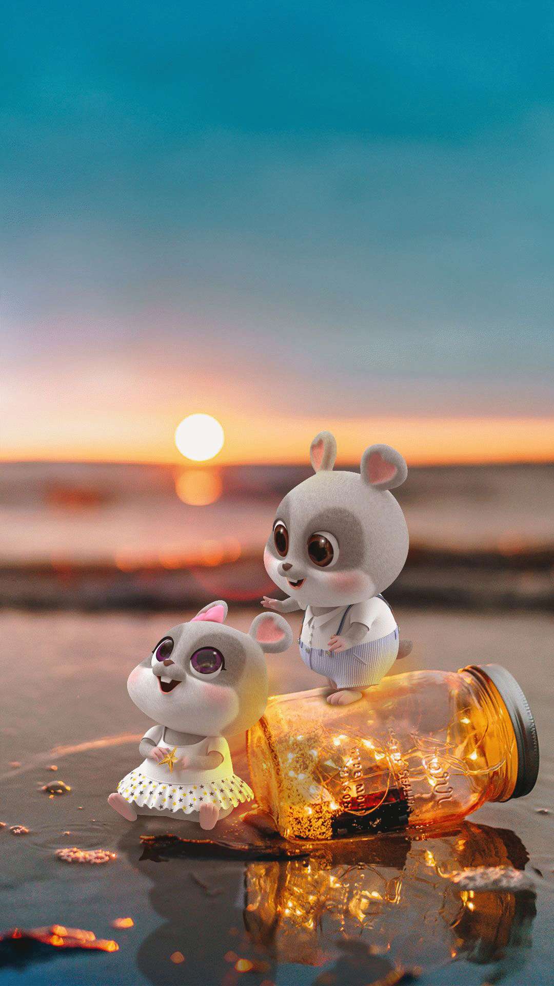 兩隻卡通倉鼠在日落海灘上，一隻坐在發光的罐子上