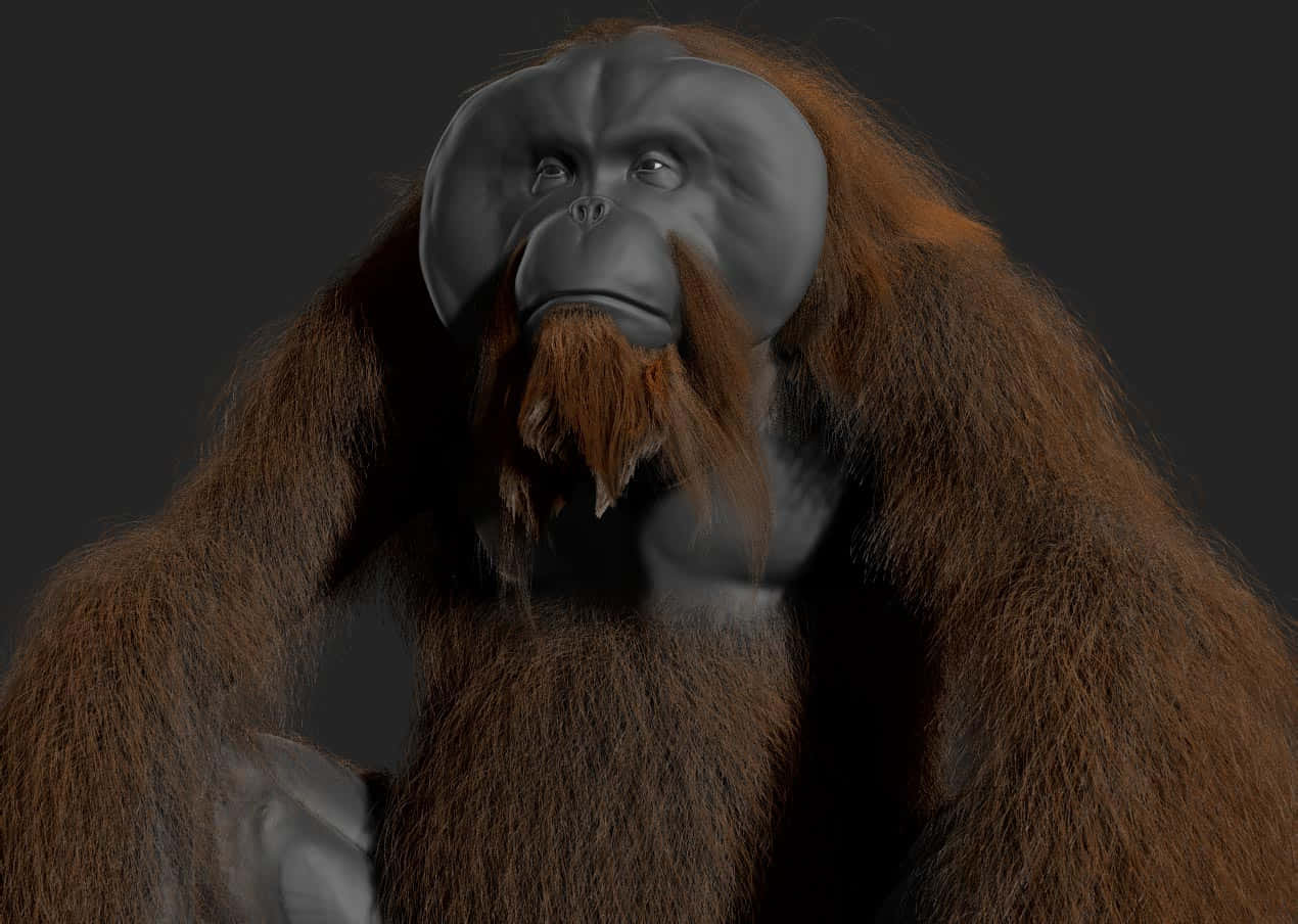 3d Modeling 桌布 壁紙 — 一隻超寫實3D渲染的猩猩，擁有細緻的棕色毛髮和莊嚴的表情，背景為深灰色。