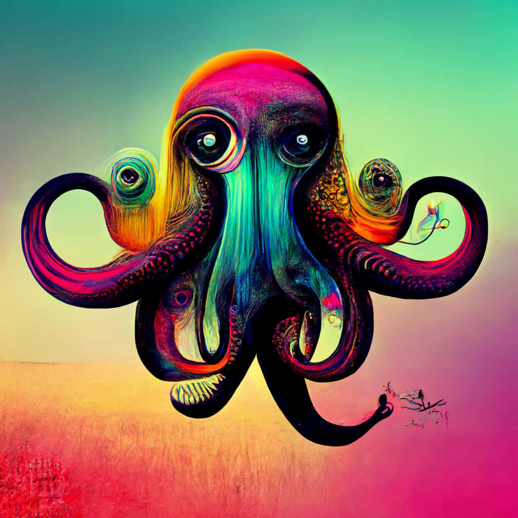 Psychedelic Animals 桌布 壁紙 — 一隻超現實、色彩鮮豔、有多隻眼睛的章魚漂浮在漸變色的天空前，觸手優雅地蜷曲在風格化的地平線上。