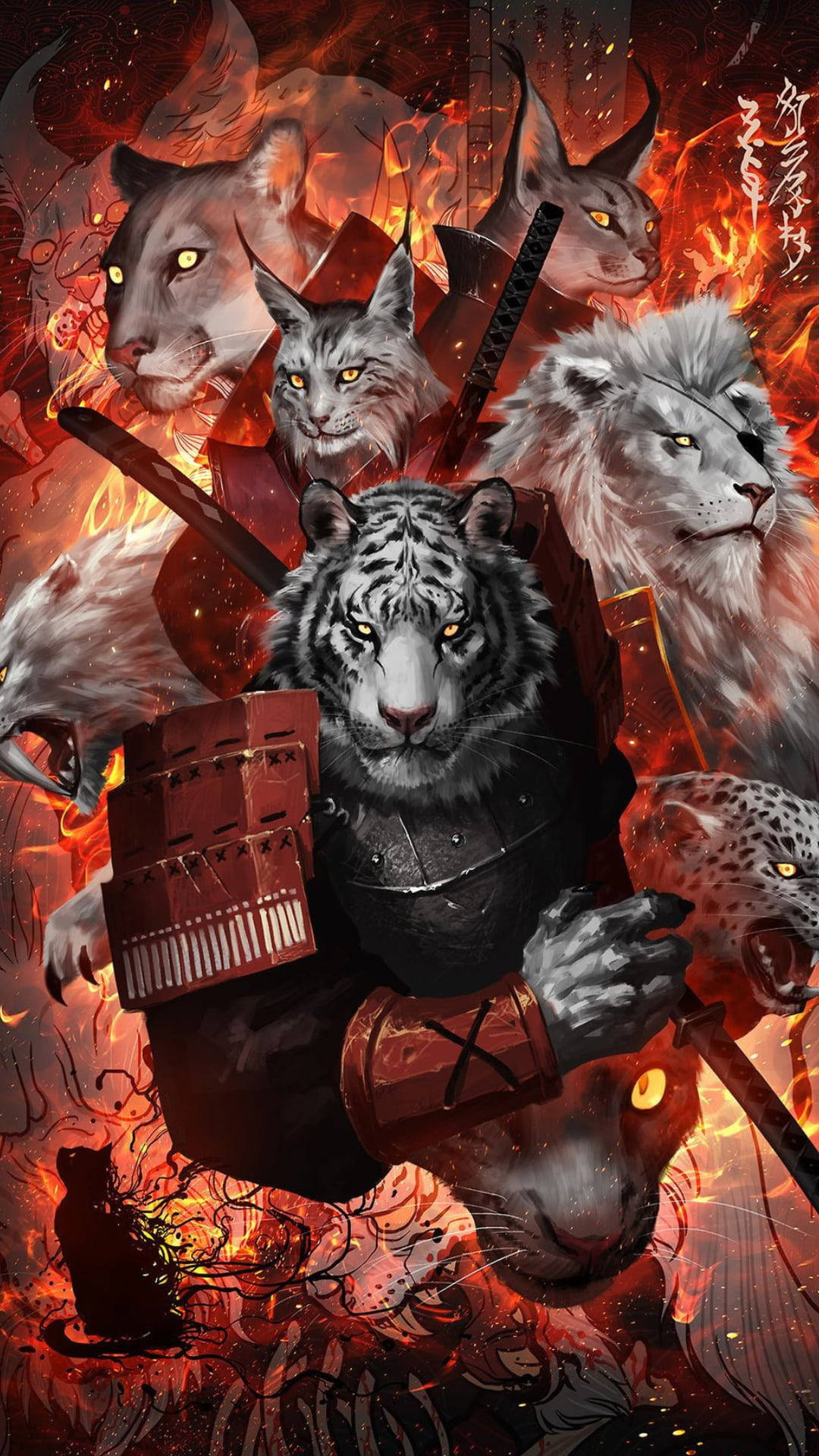 獅子 桌布 壁紙 — 一隻身穿盔甲的兇猛白虎戰士站在火熱的背景中，周圍環繞著其他揮舞劍的掠食貓科動物。