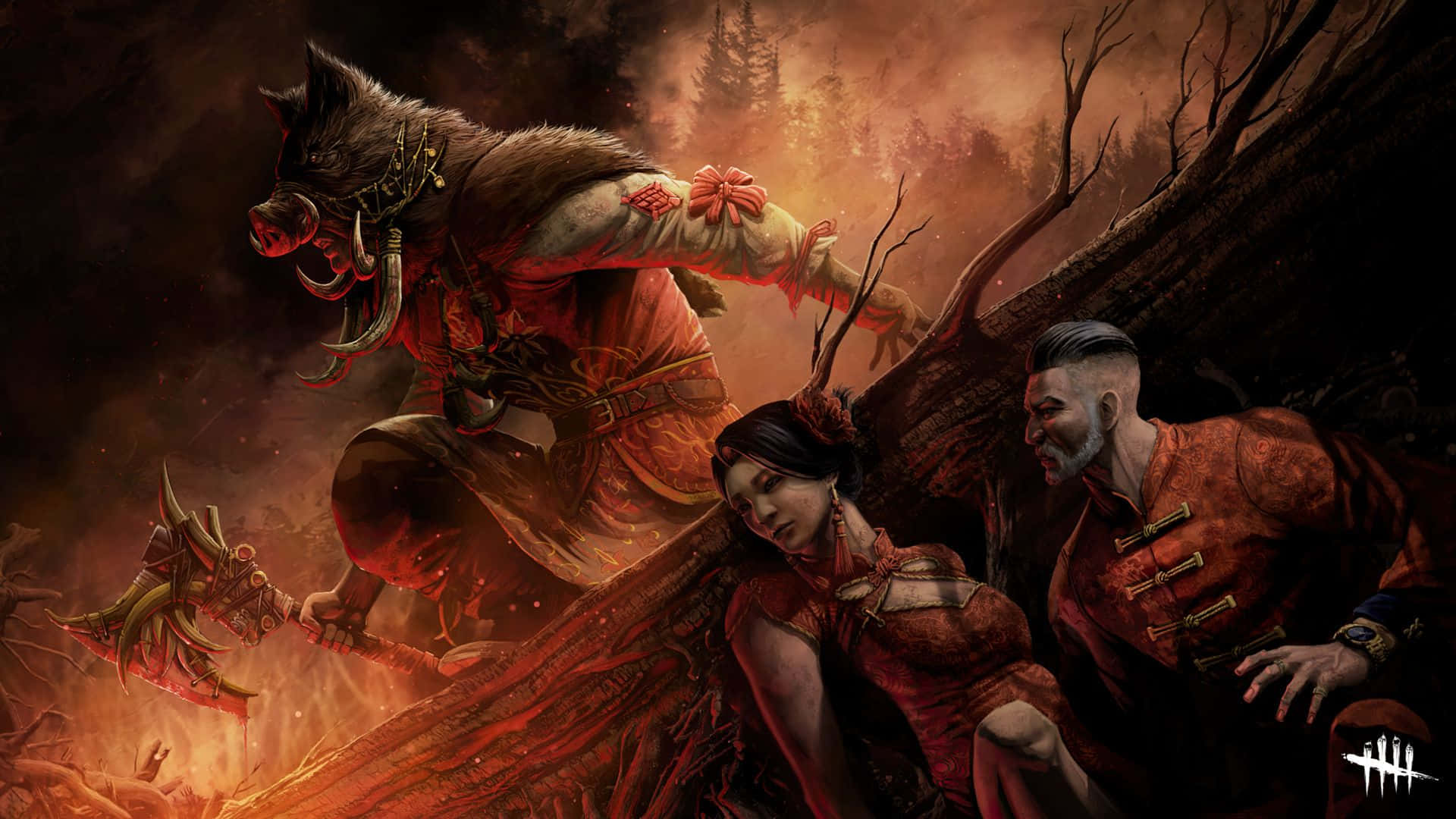 Dead By Daylight Killers 桌布 壁紙 — 一隻身穿紅色盔甲的惡魔野豬戰士衝過燃燒的森林，兩個人類蜷縮在一棵倒下的樹旁。