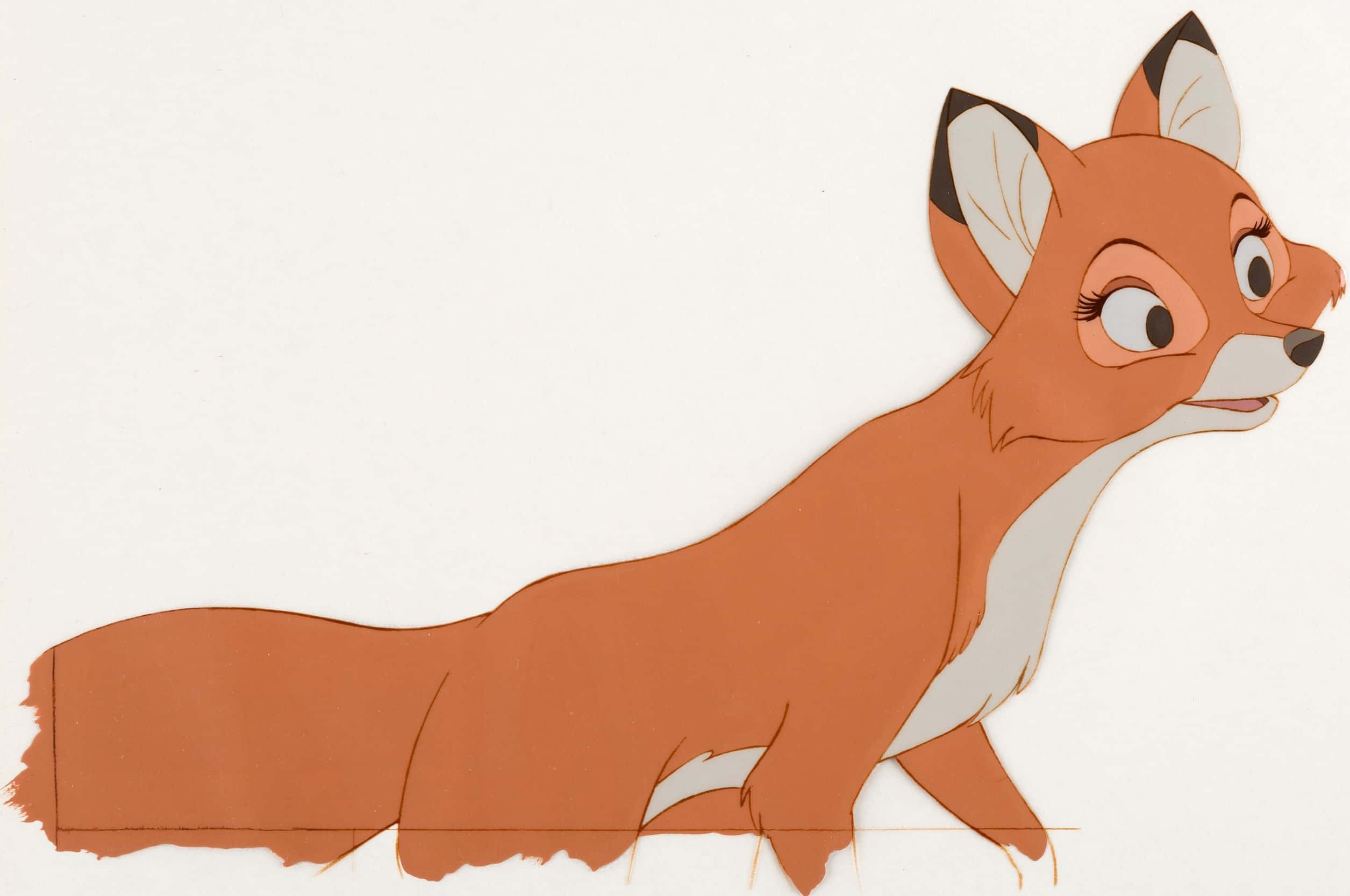the fox and the hound 桌布 壁紙 — 一隻迷人的卡通狐狸，大眼睛和橙色毛髮，在純白色背景上警覺地站立。