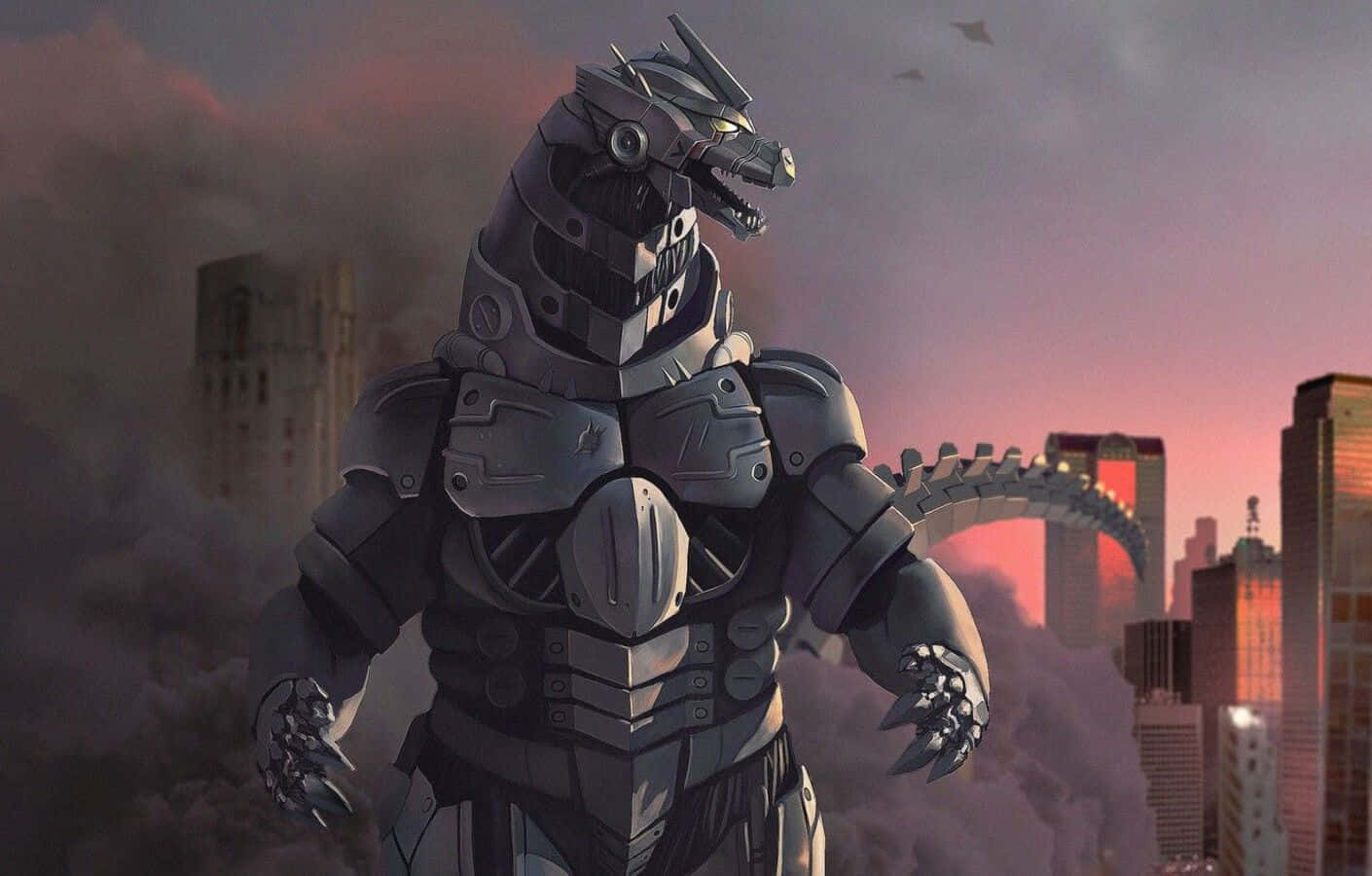 mechagodzilla 桌布 壁紙 — 一隻重裝甲哥斯拉矗立在黃昏時分煙霧瀰漫的城市景觀中，摩天大樓背後是發光的天空。
