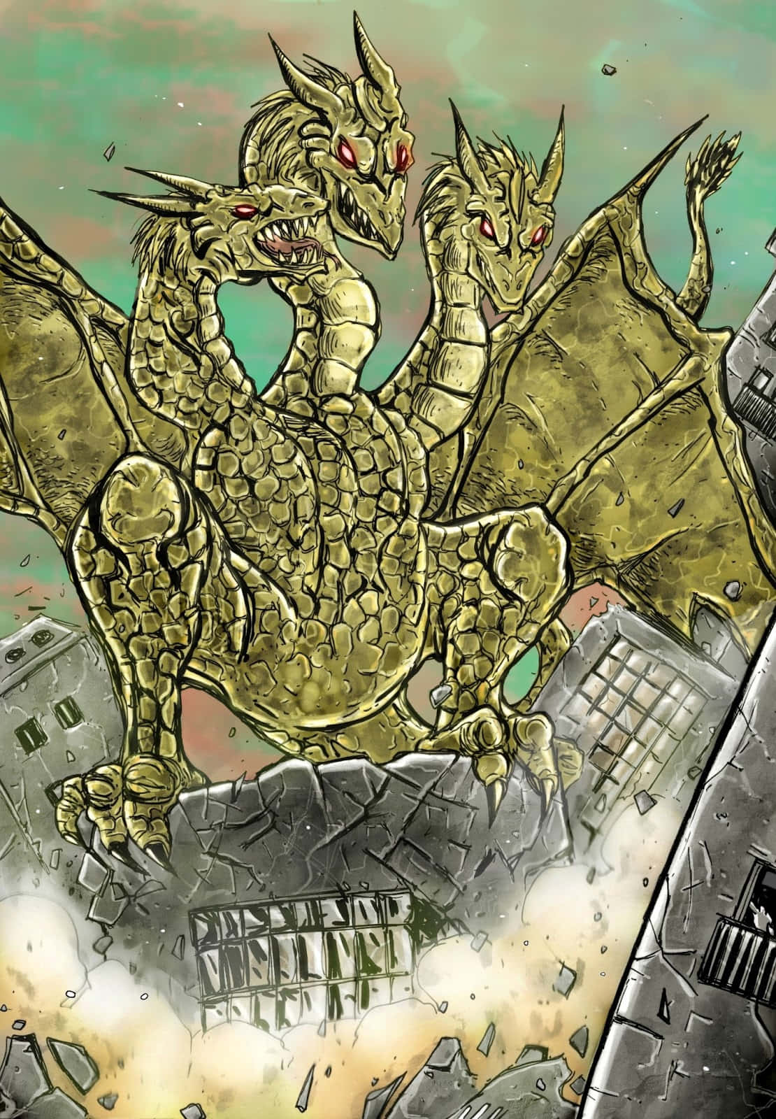 King Ghidorah 桌布 壁紙 — 一隻金色三頭龍，眼睛血紅，踏過破碎的城市景觀，用巨大的爪子壓碎建築物。