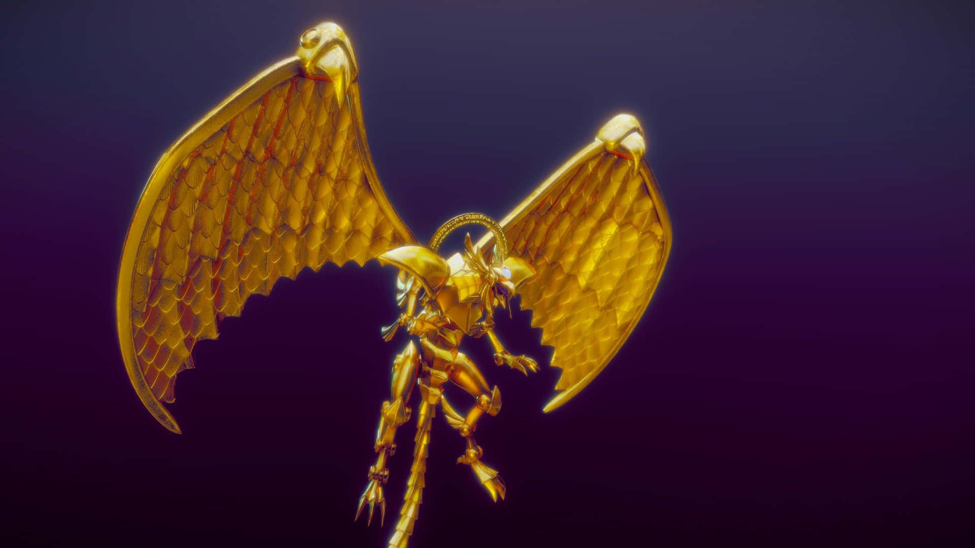 The Winged Dragon Of Ra 桌布 壁紙 — 一隻金色披甲鳳凰，帶有精細羽毛翅膀，在深紫色漸變背景上雄偉地展開。