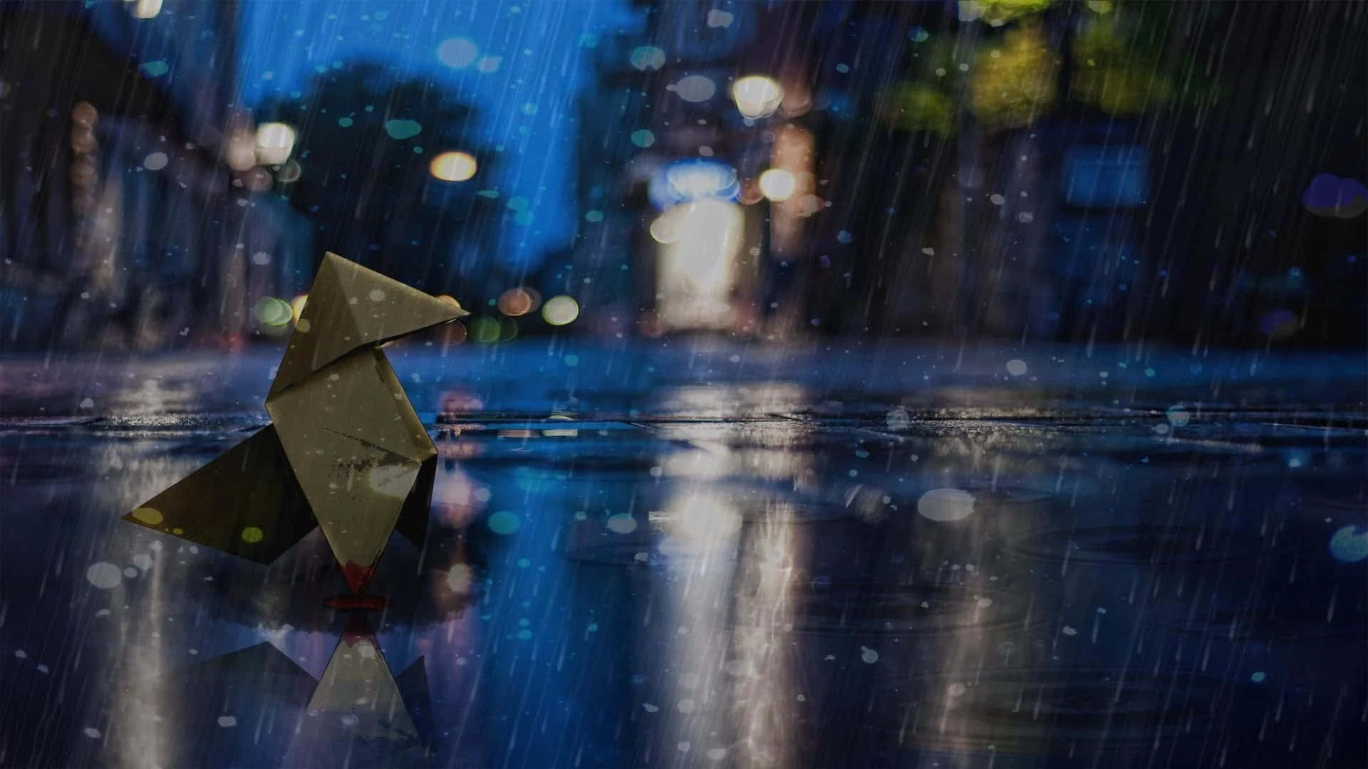 落雨 桌布 壁紙 — 一隻金色摺紙鳥獨自站在夜晚被雨水浸濕的城市街道上，被模糊的路燈和落下的雨水照亮。