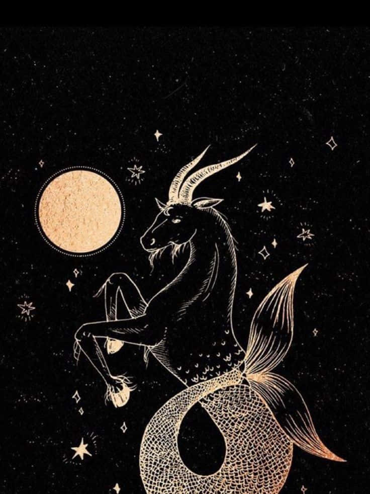 山羊座 桌布 壁紙 — 一隻金色線條藝術的海山羊，有著魚尾，在滿月下優雅地坐於星空夜空中。