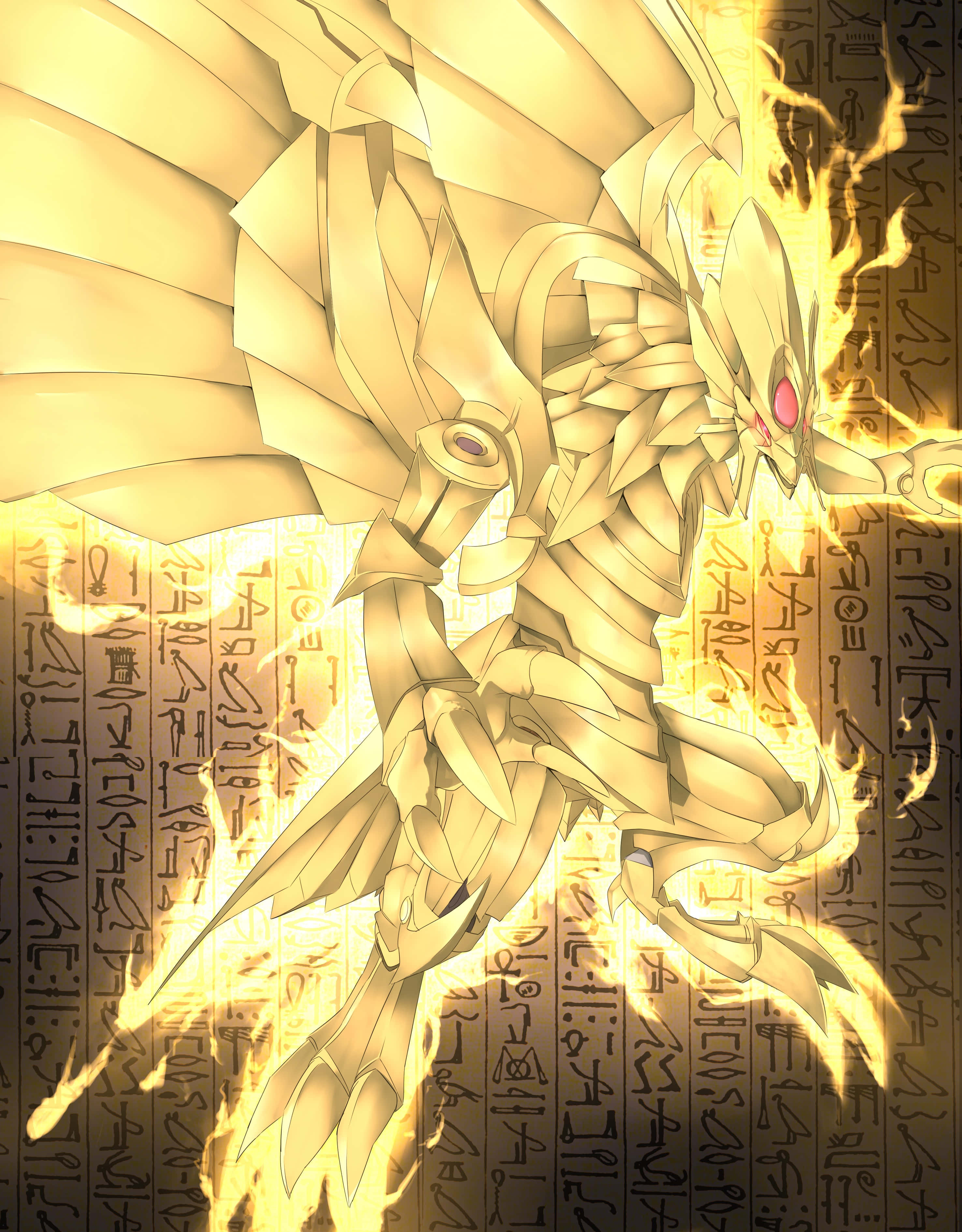 The Winged Dragon Of Ra 桌布 壁紙 — 一隻金色裝甲、紅眼、火焰翅膀的龍，從古老象形文字中伴隨著耀眼的光芒出現。