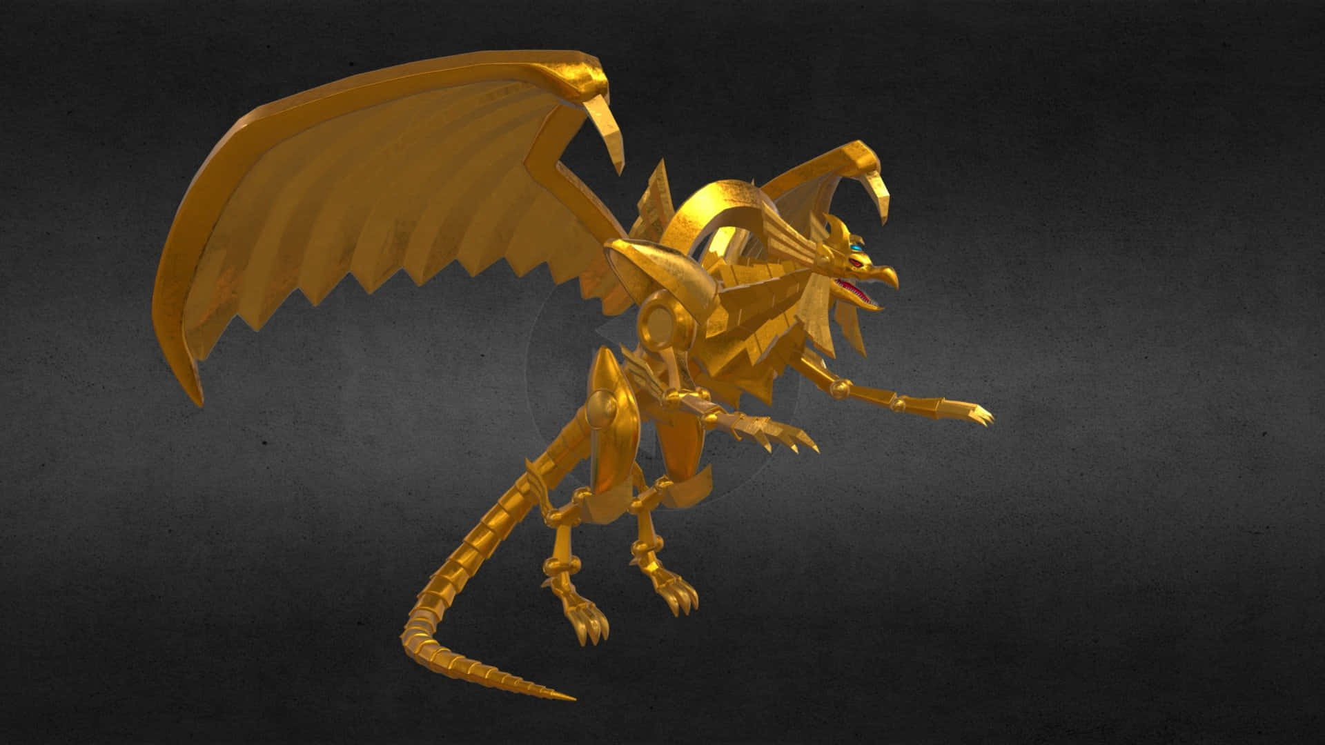 The Winged Dragon Of Ra 桌布 壁紙 — 一隻金色金屬龍展開翅膀，利爪鋒利，立於深色紋理背景前。