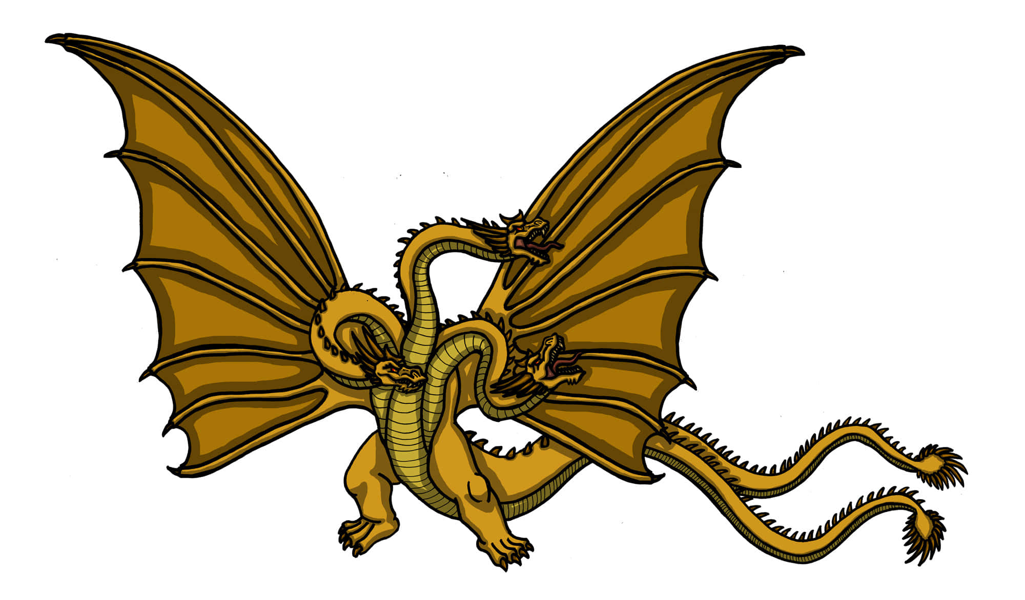 King Ghidorah 桌布 壁紙 — 一隻金色雙頭龍，擁有蝙蝠般的翅膀和帶刺的尾巴，在純白背景上翱翔。