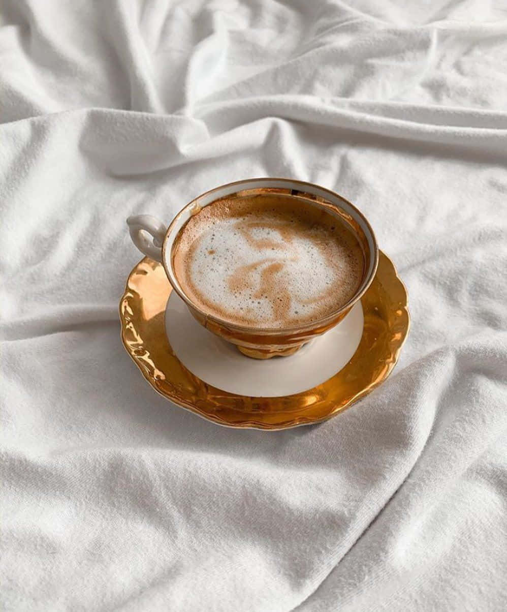 Coffee Cup 桌布 壁紙 — 一隻金邊咖啡杯，上面有泡沫拿鐵藝術，放在白色皺褶亞麻布上。