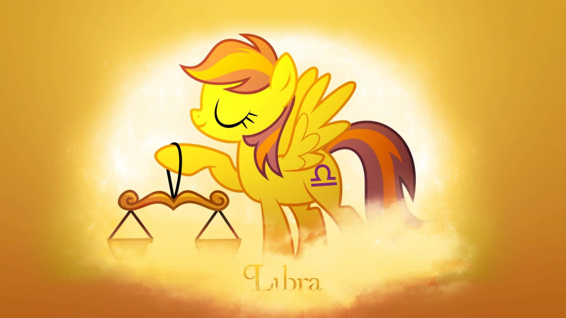 libra 桌布 壁紙 — 一隻金黃色卡通小馬閉著眼睛，在燦爛陽光背景下平衡天秤，下方有Libra字樣。