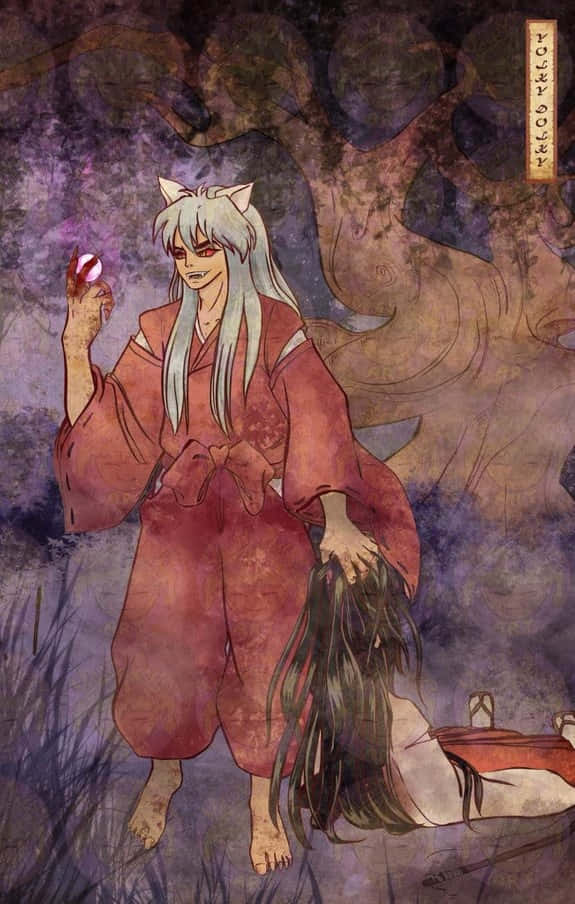 Inuyasha And Kikyo 桌布 壁紙 — 一隻銀髮狐妖身穿紅色和服，在黑暗森林中手持發光球體，站在一個倒下的身影之上。