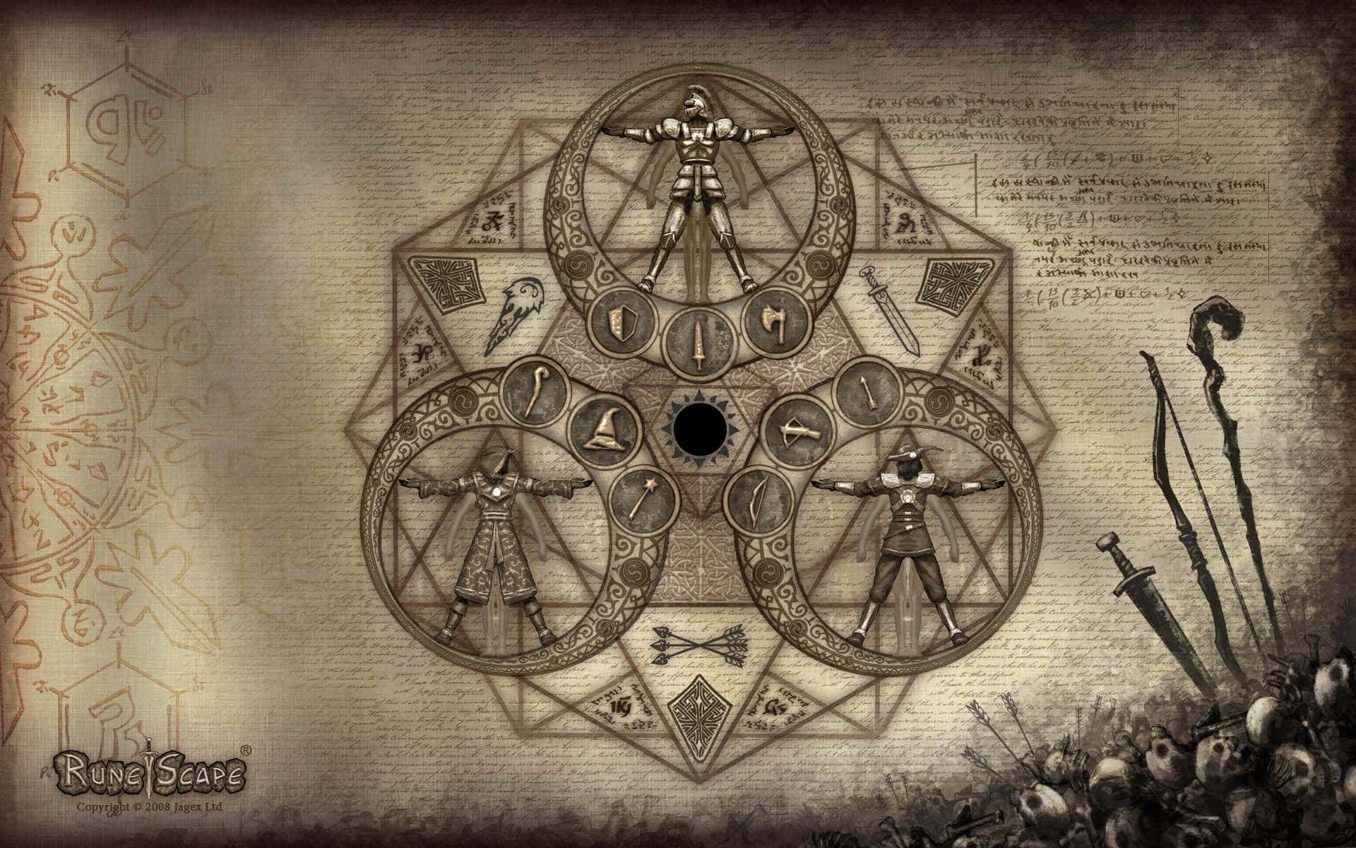 一隻鐘表與一把劍的圖像 壁紙 — 一個複雜的奇幻圖表，圓形框架內有裝甲人物，周圍環繞著武器和神秘符號，繪於羊皮紙上。