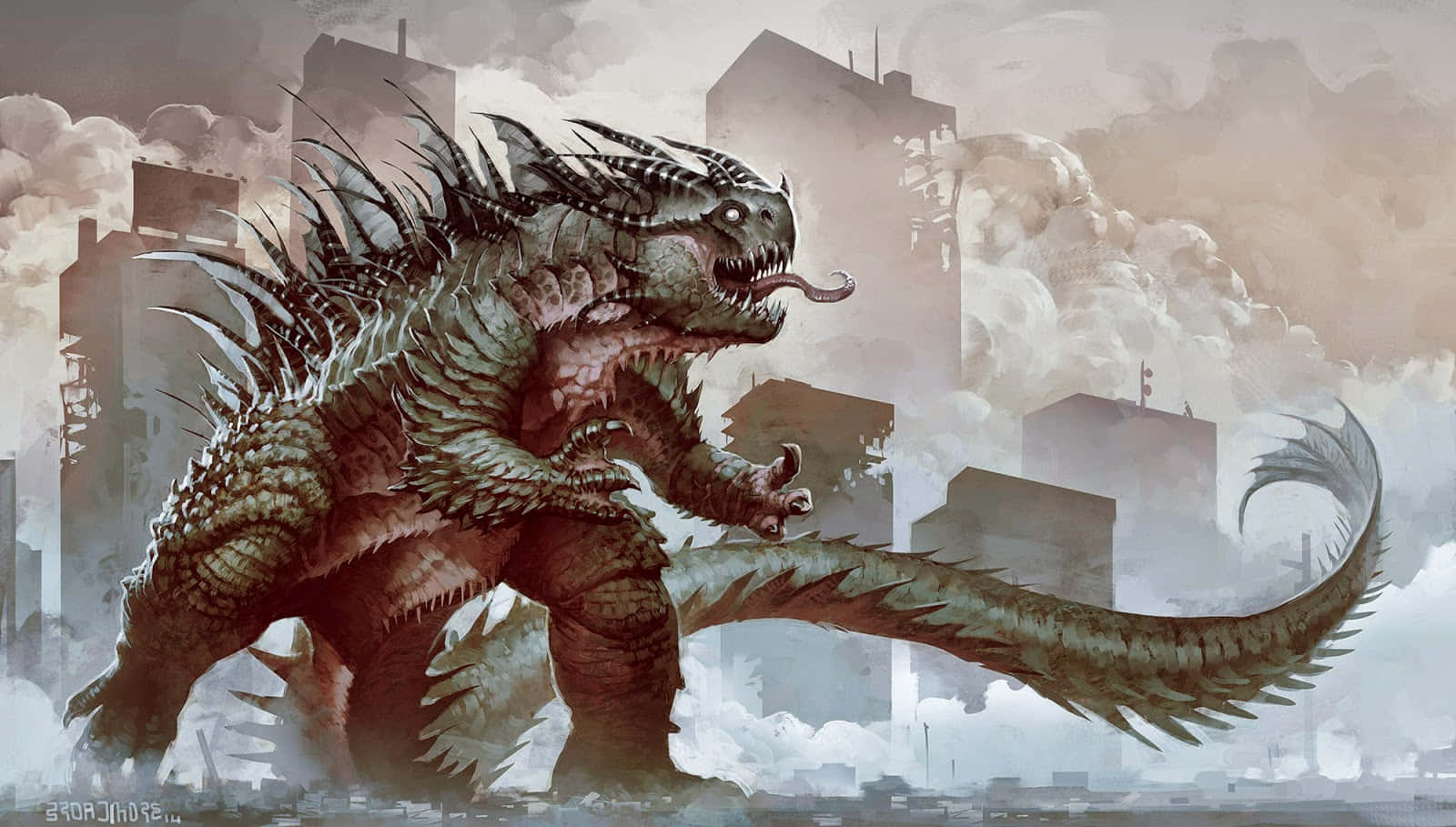 Kaiju 桌布 壁紙 — 一隻長尾巨型多刺怪物在煙霧瀰漫的廢墟城市景觀中咆哮。
