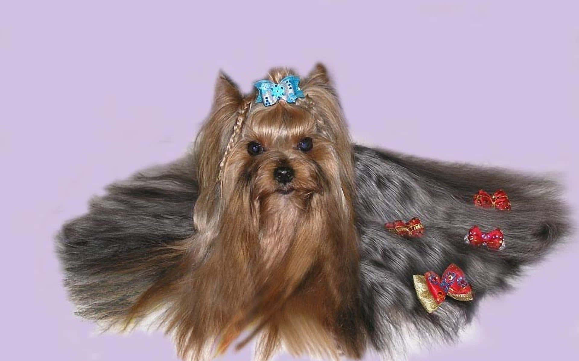 yorkie 桌布 壁紙 — 一隻長有棕色長毛的約克夏㹴，頭上戴著藍色蝴蝶結，背上散落著紅色蝴蝶結，背景為薰衣草色。