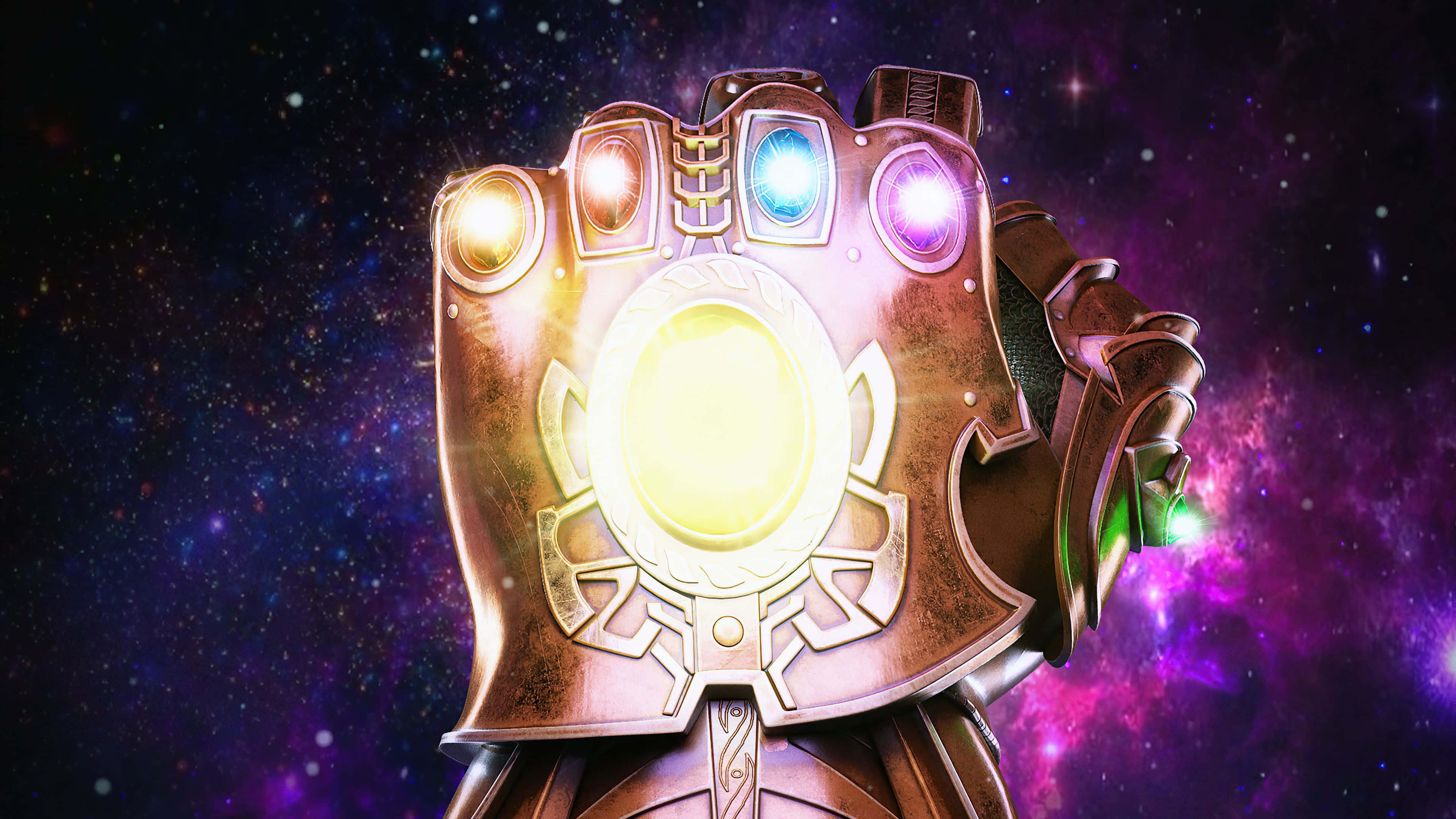 Infinity Gems 桌布 壁紙 — 一隻閃耀的宇宙手套鑲有六顆彩色寶石，在充滿活力的星空背景下散發力量。