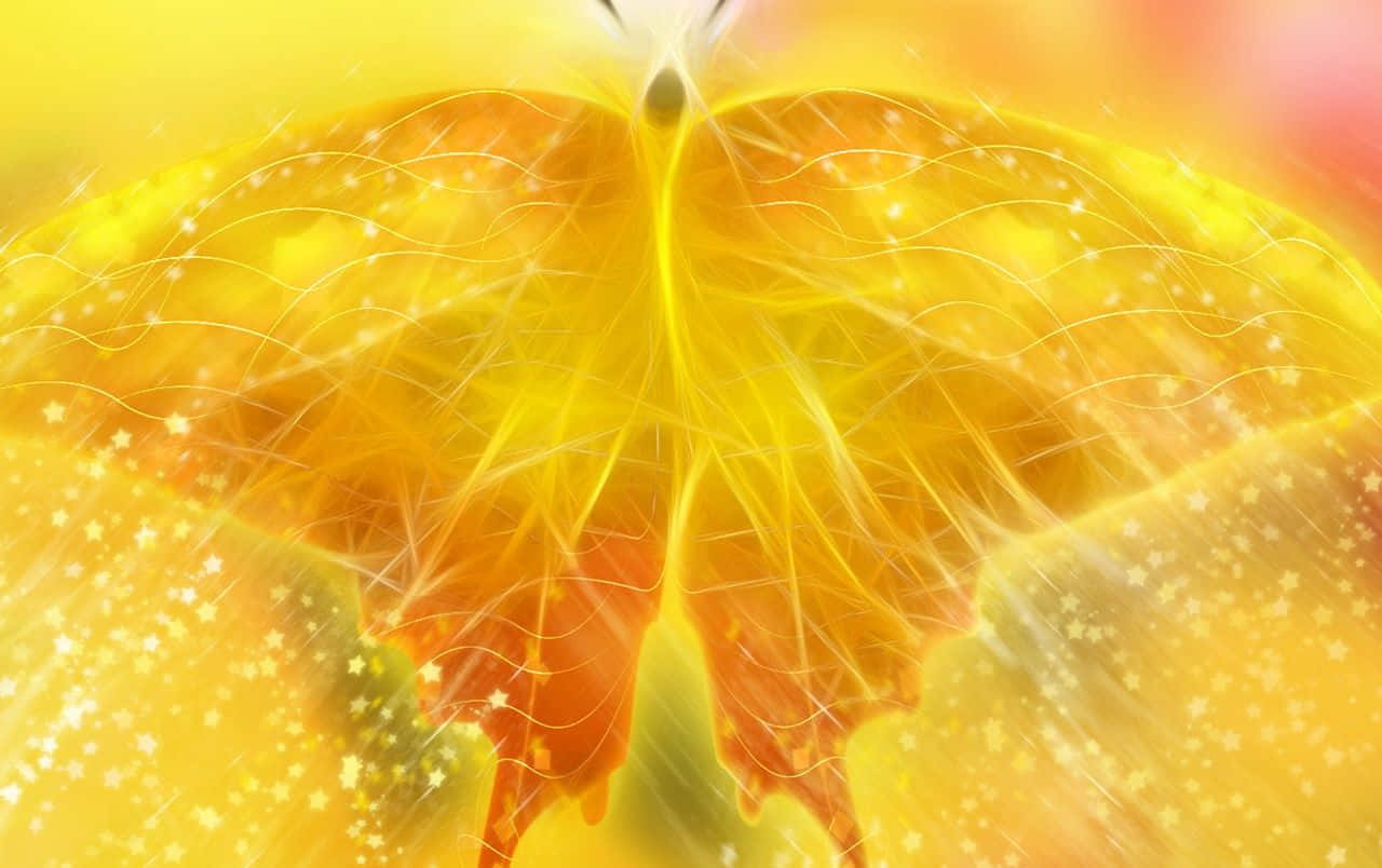 Yellow Butterfly 桌布 壁紙 — 一隻閃耀的金色蝴蝶，帶有發光的翅膀和星狀閃爍，漂浮在溫暖的漸變背景上。