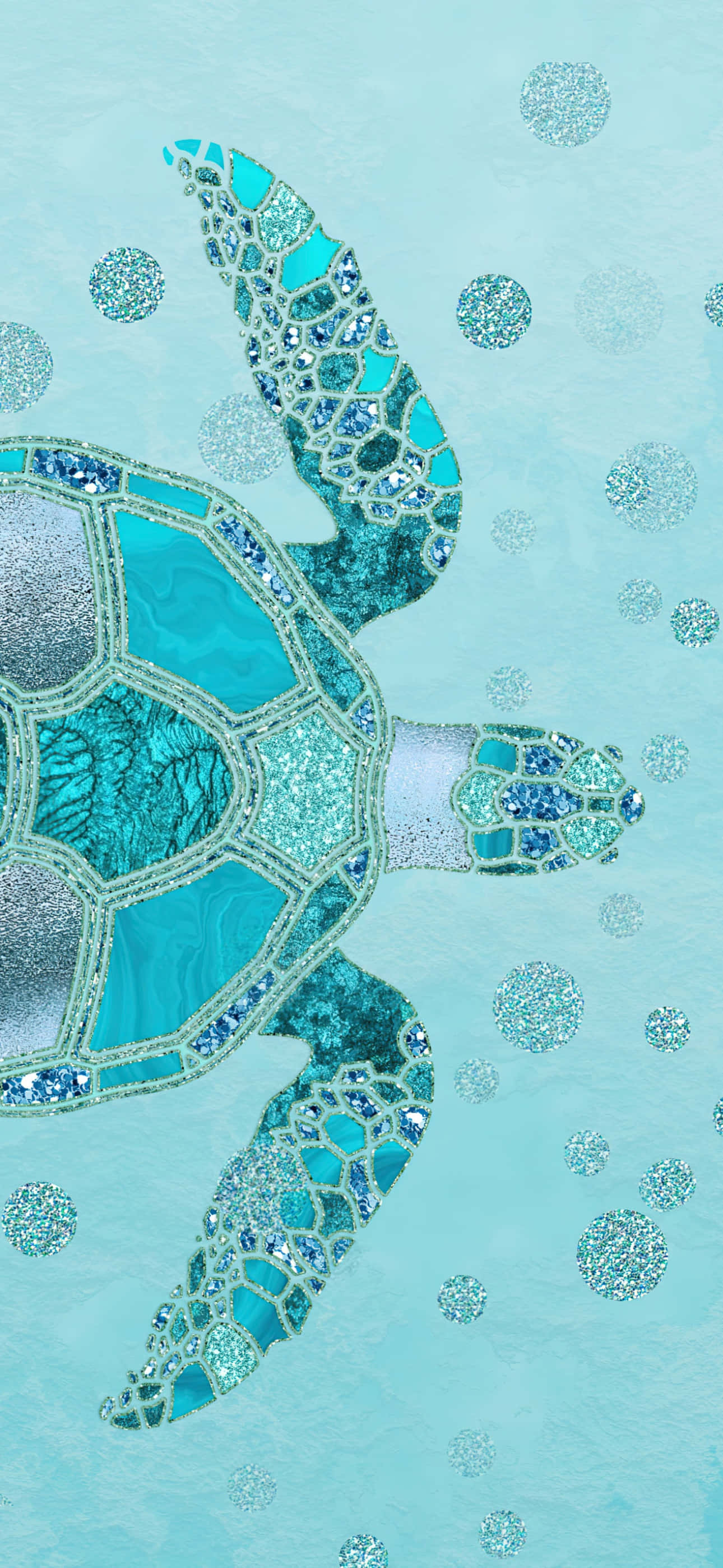sea turtle 桌布 壁紙 — 一隻閃閃發光的馬賽克海龜優雅地游過一個閃爍的藍綠色海洋，點綴著閃閃發光的氣泡。