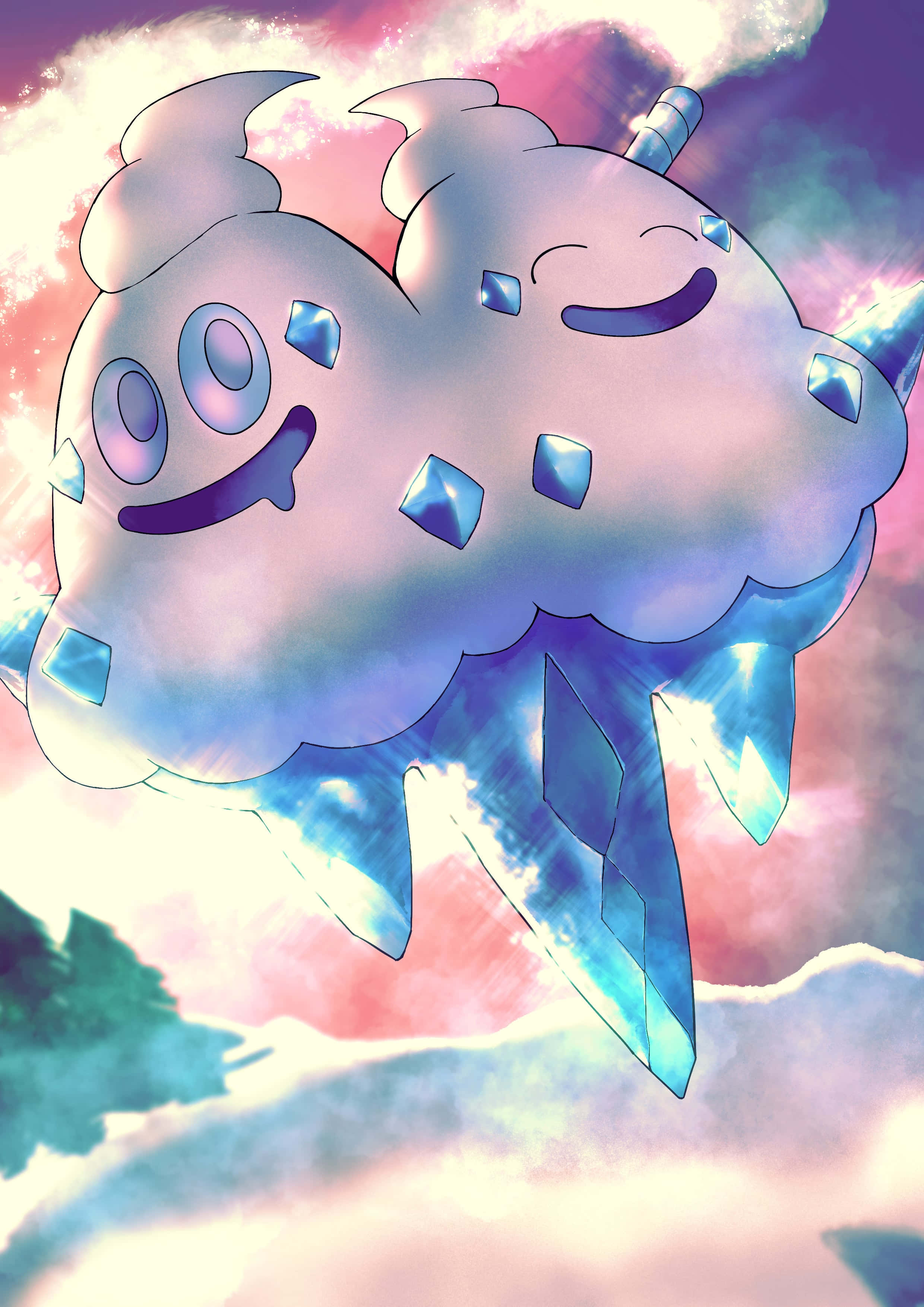 遊戲 桌布 壁紙 — 一隻開心嘅動畫風格雲Pokémon，帶住藍色寶石，喺柔和嘅天空上平靜咁漂浮。