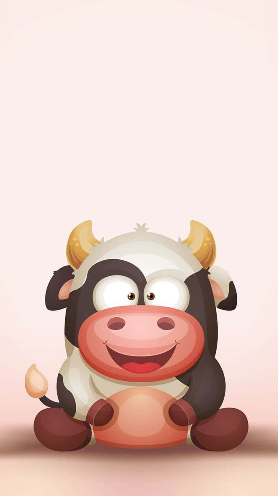Kawaii Cute Cow 桌布 壁紙 — 一隻開心嘅卡通牛，有大眼睛同闊笑臉，快樂咁坐喺柔和粉紅色背景前面。