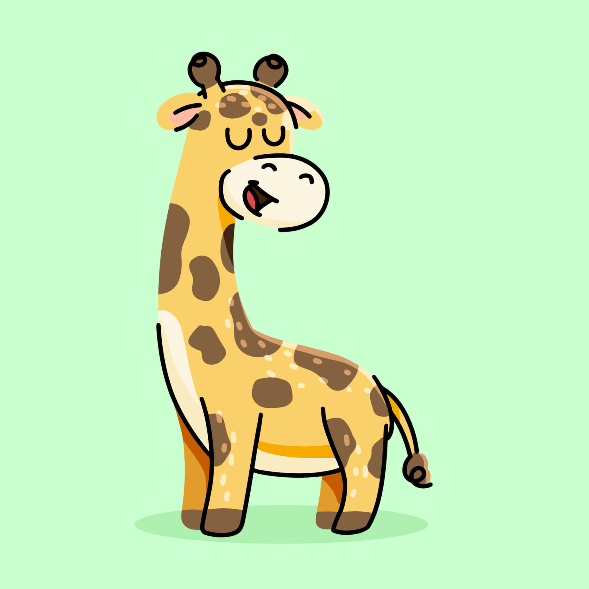 Kawaii Giraffe 桌布 壁紙 — 一隻開心嘅卡通長頸鹿，面帶微笑、雙眼緊閉，企喺柔和薄荷綠色背景前面。