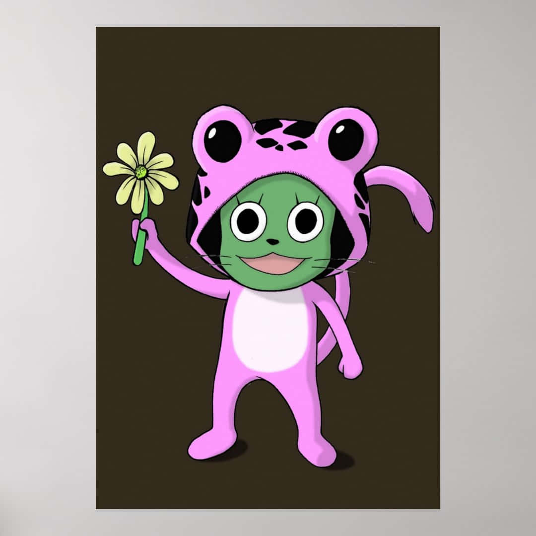 Frosch 桌布 壁紙 — 一隻開心嘅粉紅色卡通青蛙角色，有大眼睛，喺深棕色背景上攞住一朵黃色花。