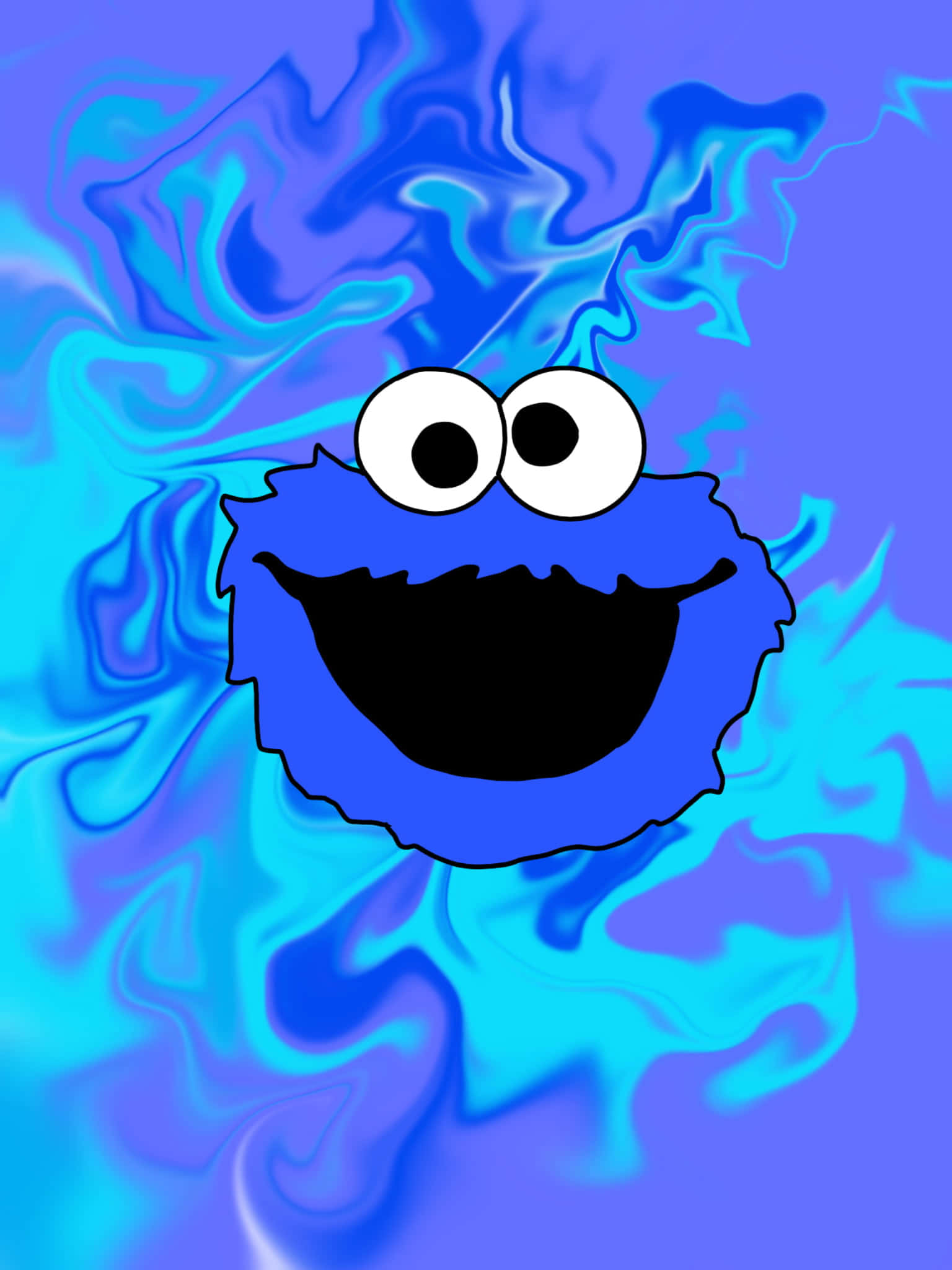 Sesame Street 桌布 壁紙 — 一隻開心嘅藍色怪獸，有大眼睛同闊笑臉，漂浮喺旋轉嘅藍色同青色抽象背景上。