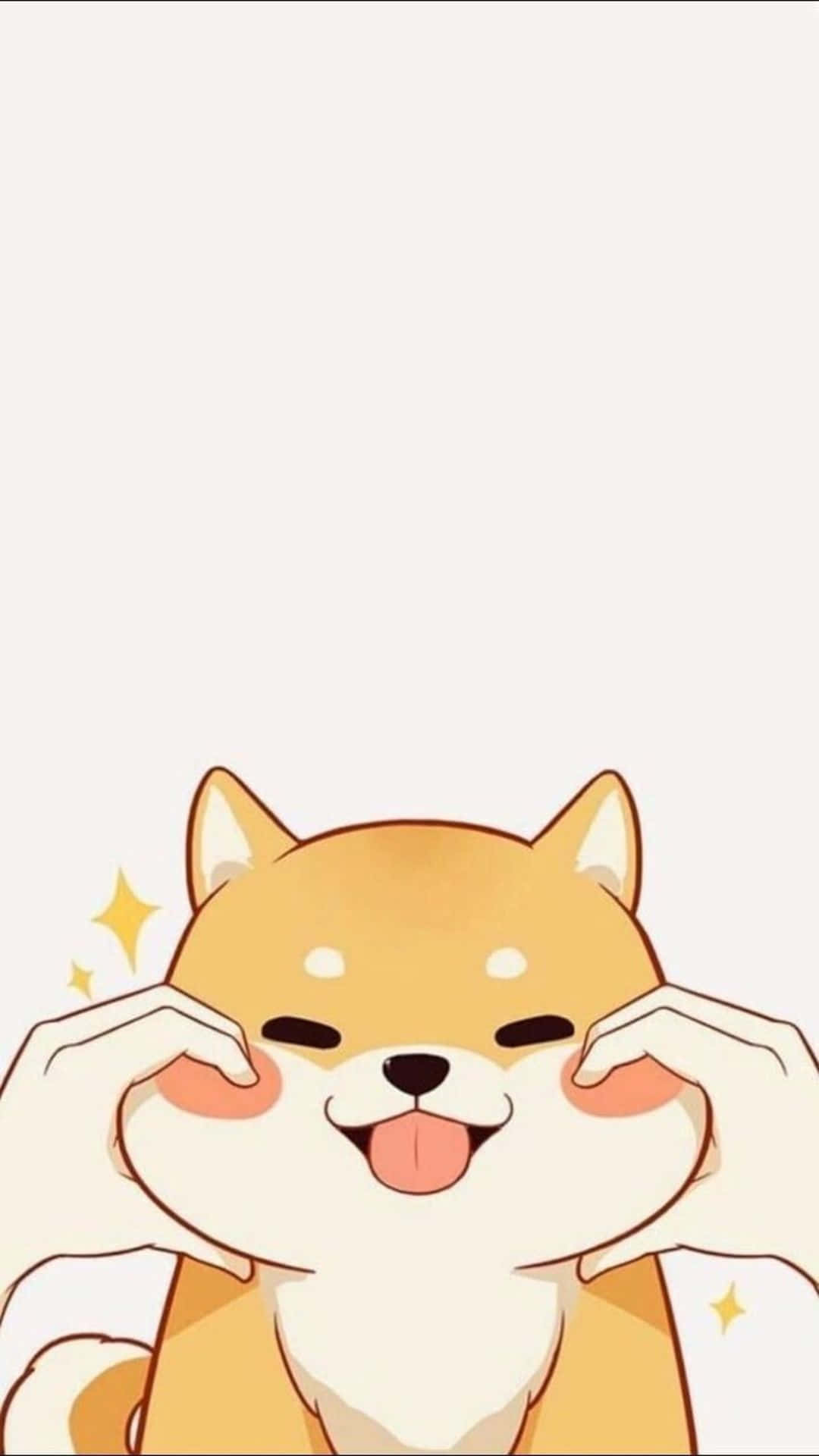 Kawaii Cartoon 桌布 壁紙 — 一隻開心的動漫柴犬，伸出舌頭，爪子放在臉頰上，背景是柔和的米色帶有閃光。