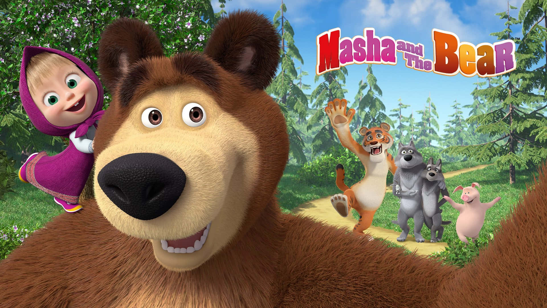 Masha And The Bear 桌布 壁紙 — 一隻開心的動畫熊和女孩在森林裡，與其他色彩繽紛的動物朋友們快樂地揮手。