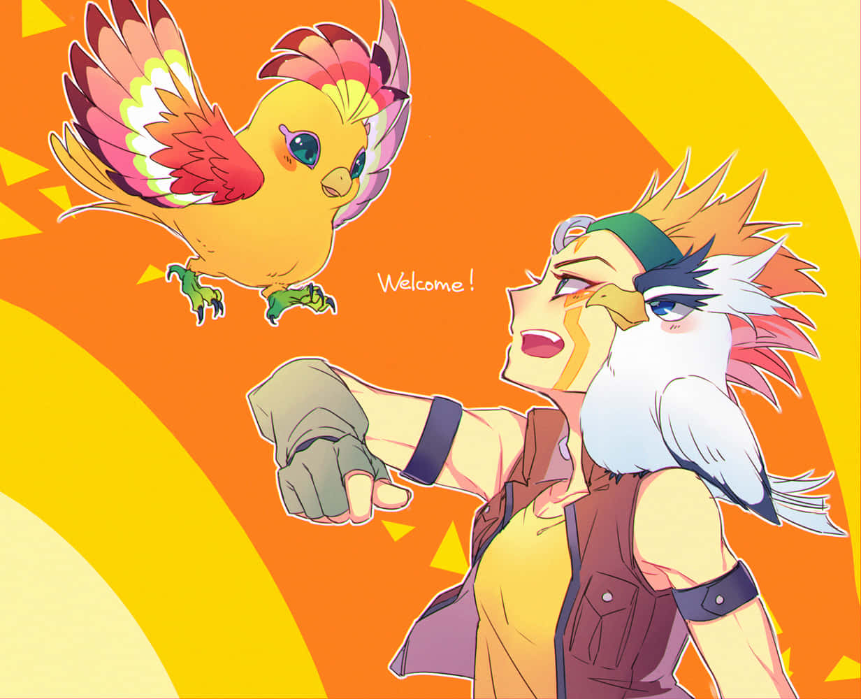 Crow Hogan 桌布 壁紙 — 一隻開心的動畫鳥向微笑的擬人化鳥打招呼，說著「歡迎！」，背景是充滿活力的橙色和黃色漸變。