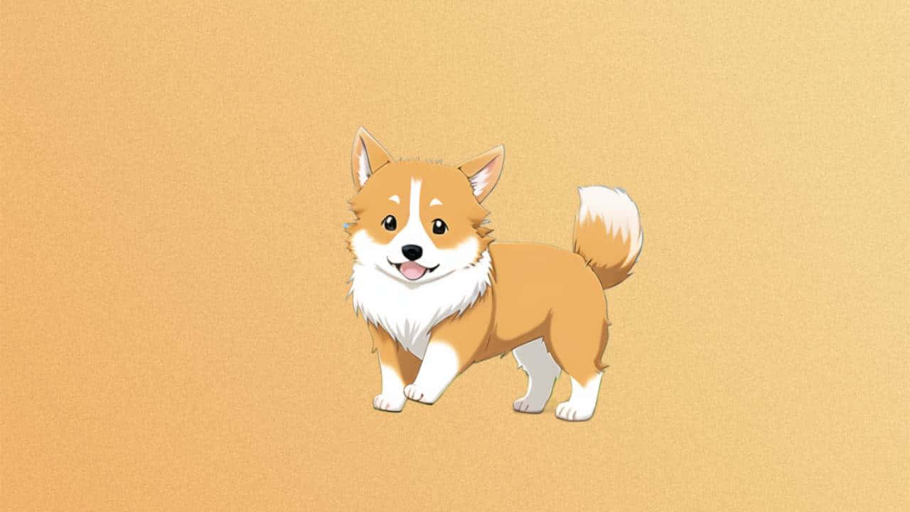 1280x720 桌布 壁紙 — 一隻開心的卡通哥基犬，有著蓬鬆的白色胸部和尾巴，快樂地站在溫暖的米色背景前。