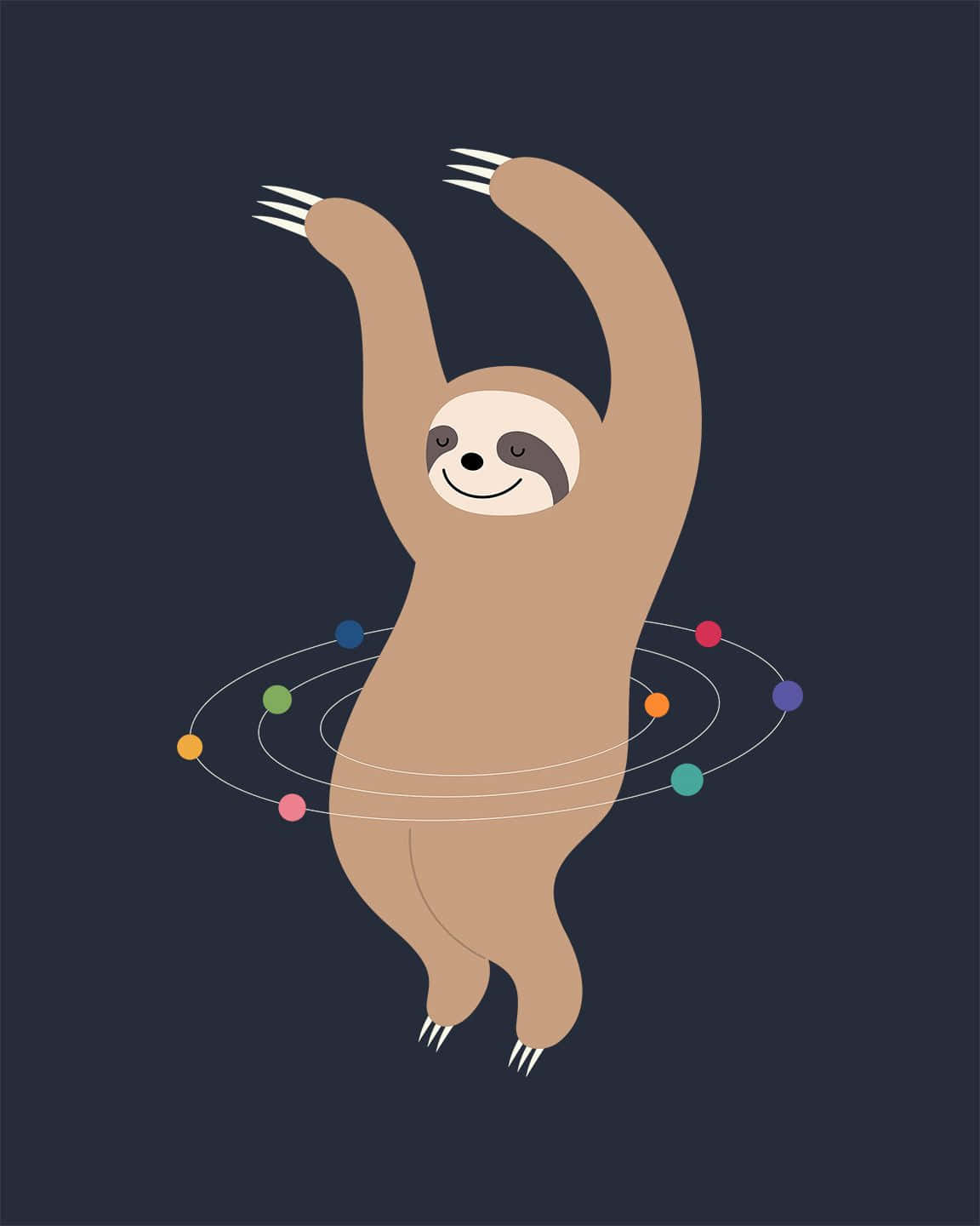 Kawaii Sloth 桌布 壁紙 — 一隻開心的卡通樹懶懸掛在半空中，周圍環繞著色彩繽紛的行星，在一個奇特的宇宙場景中運行。