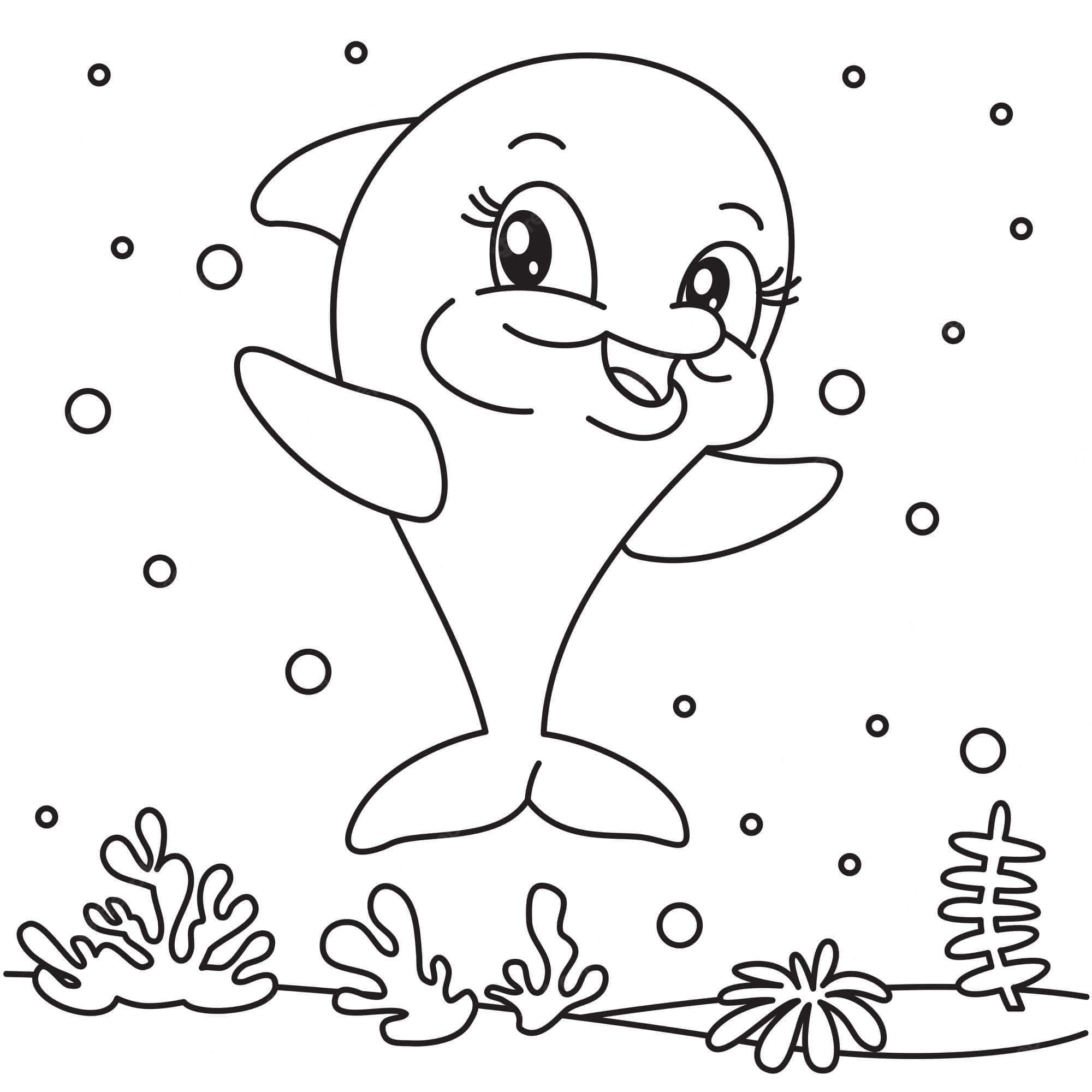 Cartoon Drawing 桌布 壁紙 — 一隻開心的卡通海豚在珊瑚和海草上方愉快地揮手，以簡單的黑白線條繪畫。