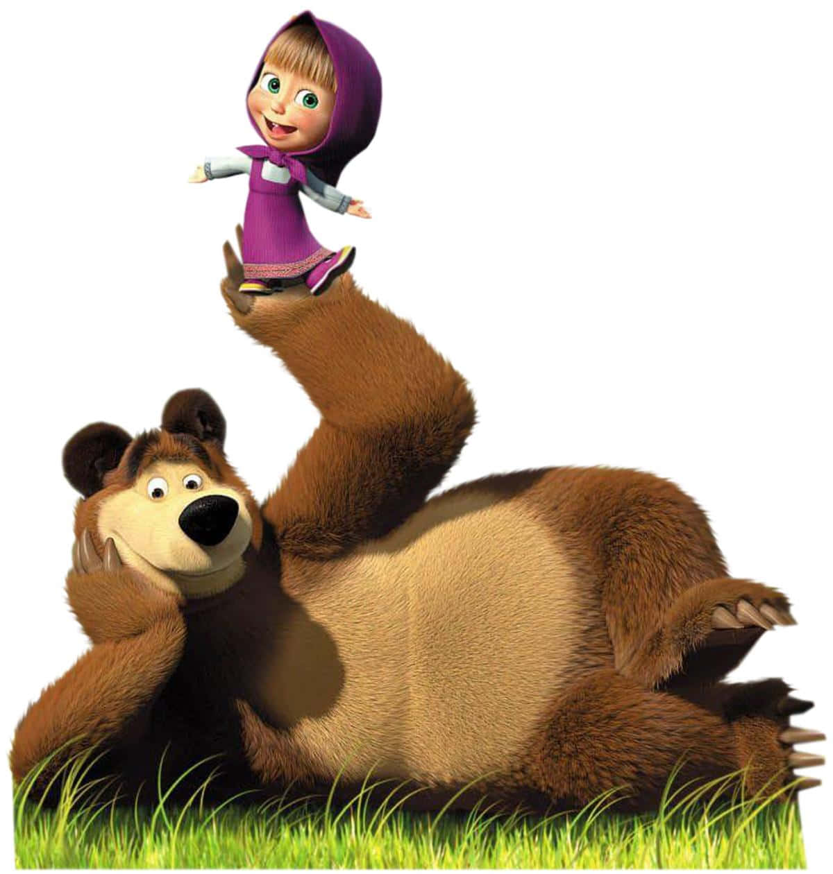 Masha And The Bear 桌布 壁紙 — 一隻開心的卡通熊在草地上頑皮地將一個戴著紫色連帽衫的微笑女孩舉過頭頂。