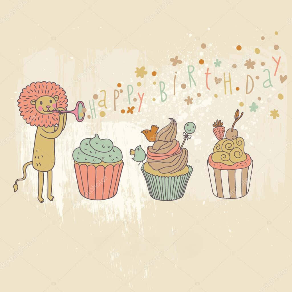 Cute Cupcake 桌布 壁紙 — 一隻開心的卡通獅子吹響號角，與三個裝飾杯子蛋糕和散落的生日五彩紙屑一起慶祝。