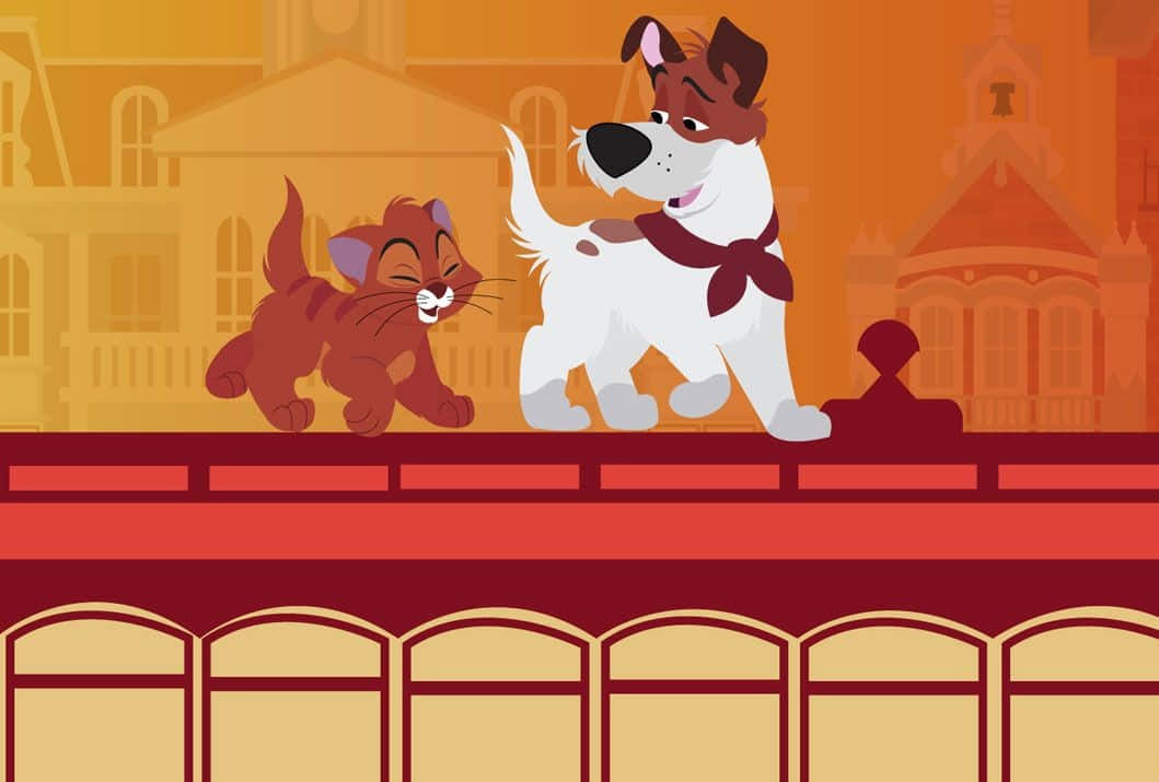 oliver and company 桌布 壁紙 — 一隻開心的卡通貓和狗站在紅色欄杆上，背景是溫暖的橙色城市景觀。