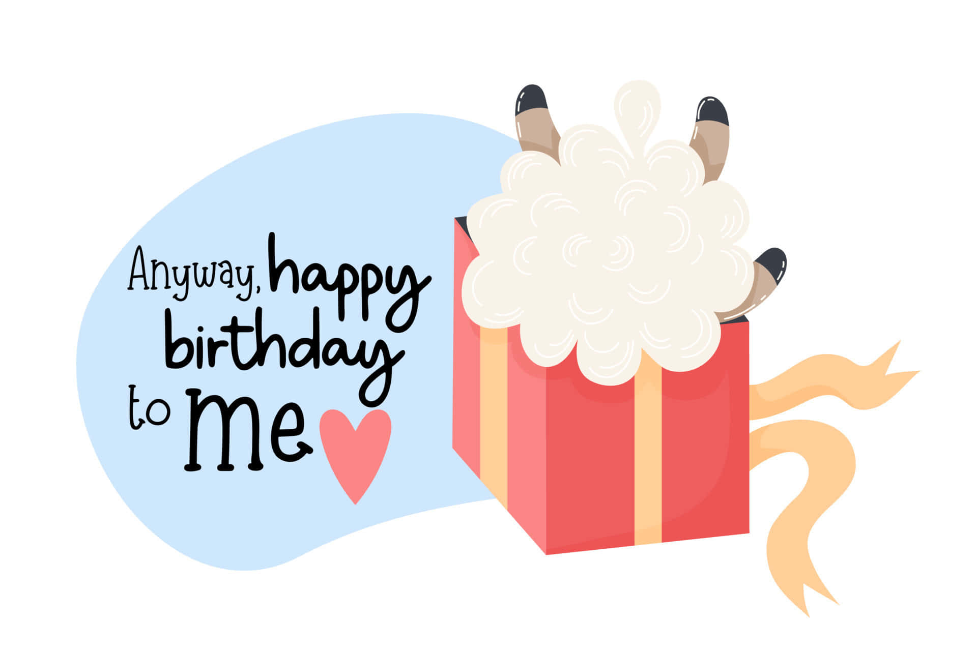 Happy Birthday To Me 桌布 壁紙 — 一隻開心的卡通馴鹿從紅色禮物盒中彈出，帶有藍色對話框寫著「Anyway happy birthday to me」和一個粉紅色心形。